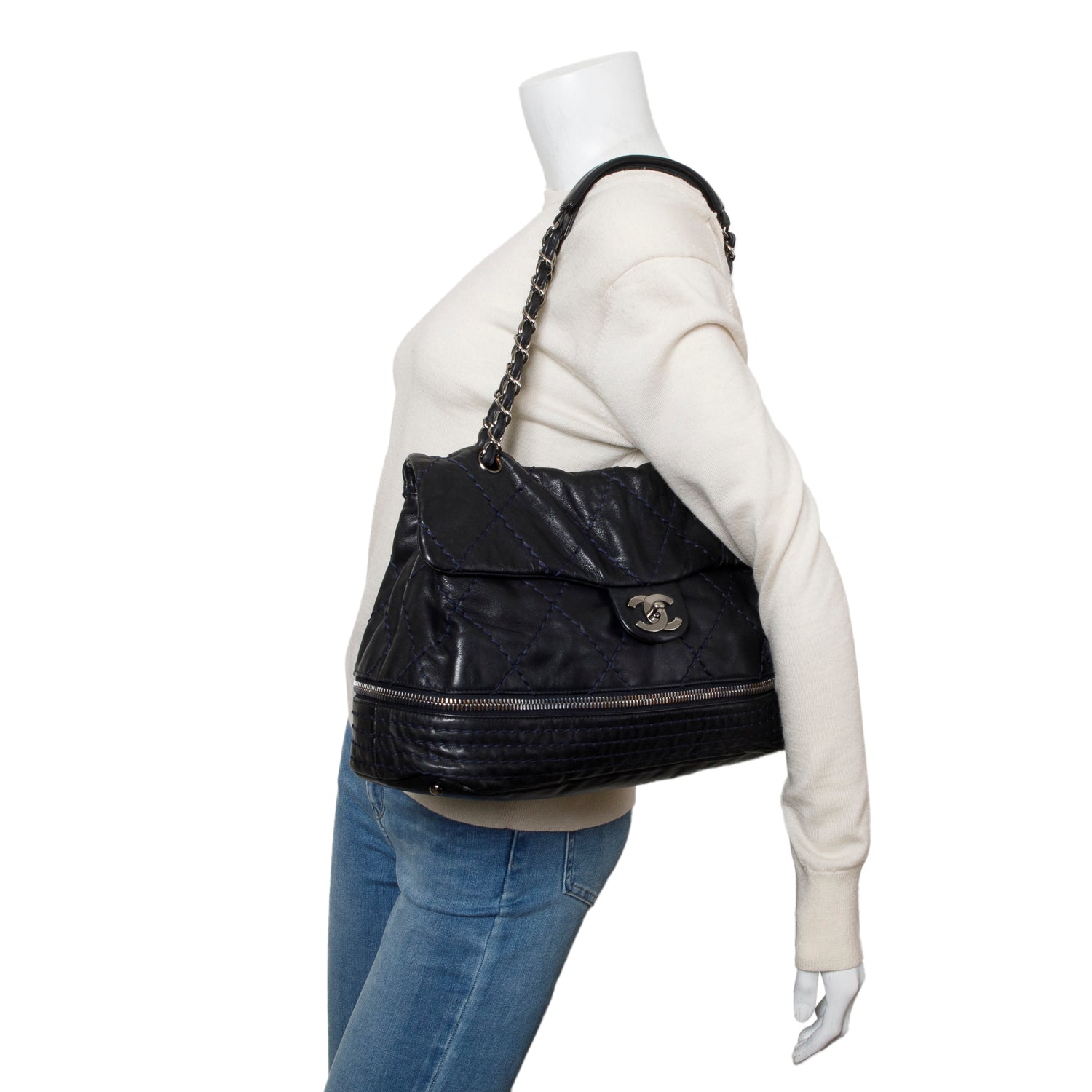 Chanel Navy Quilted Stitched Expandable Ligne Leather Calfskin Travel Bag