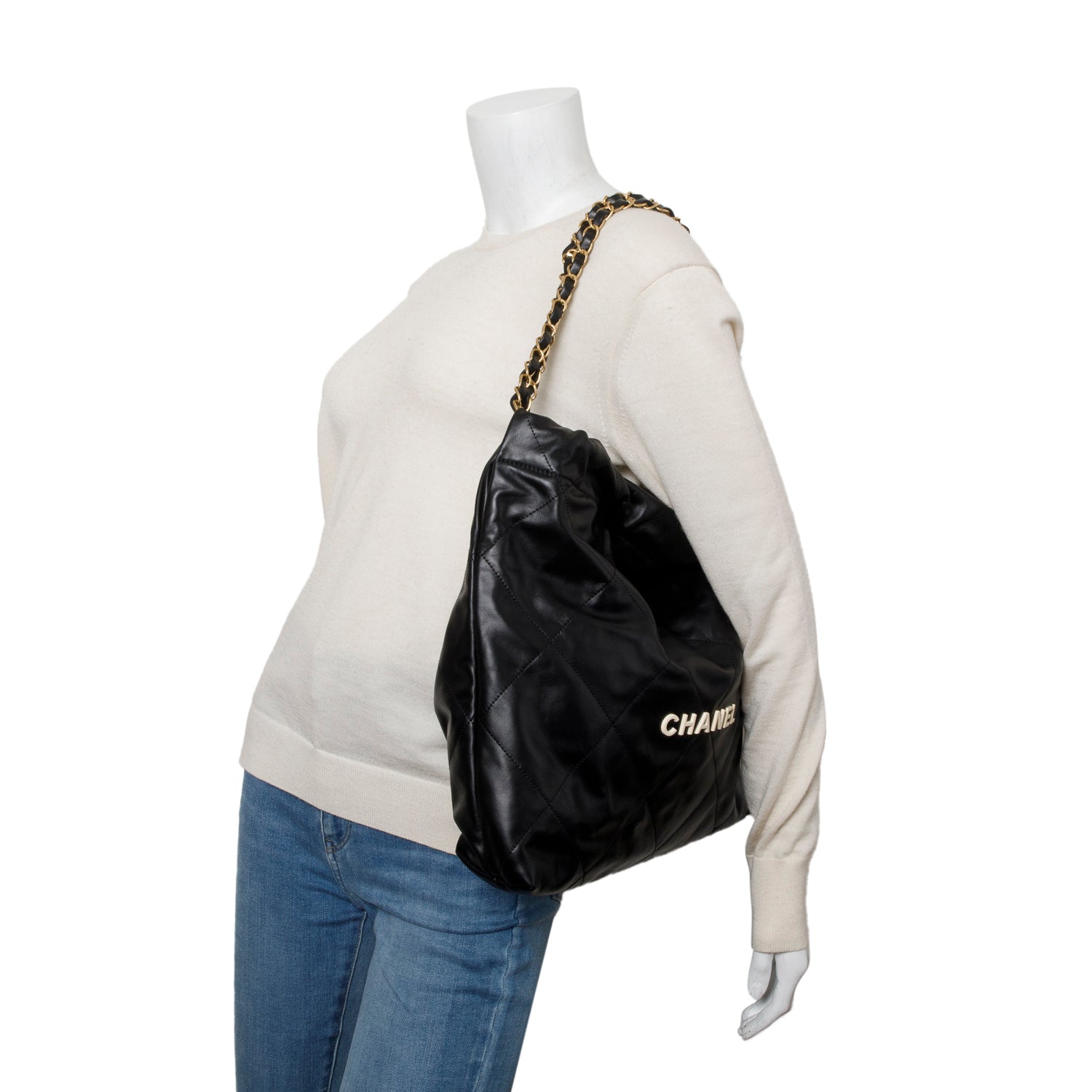 Chanel Quilted 22 Hobo Calfskin Black Travel Bag
