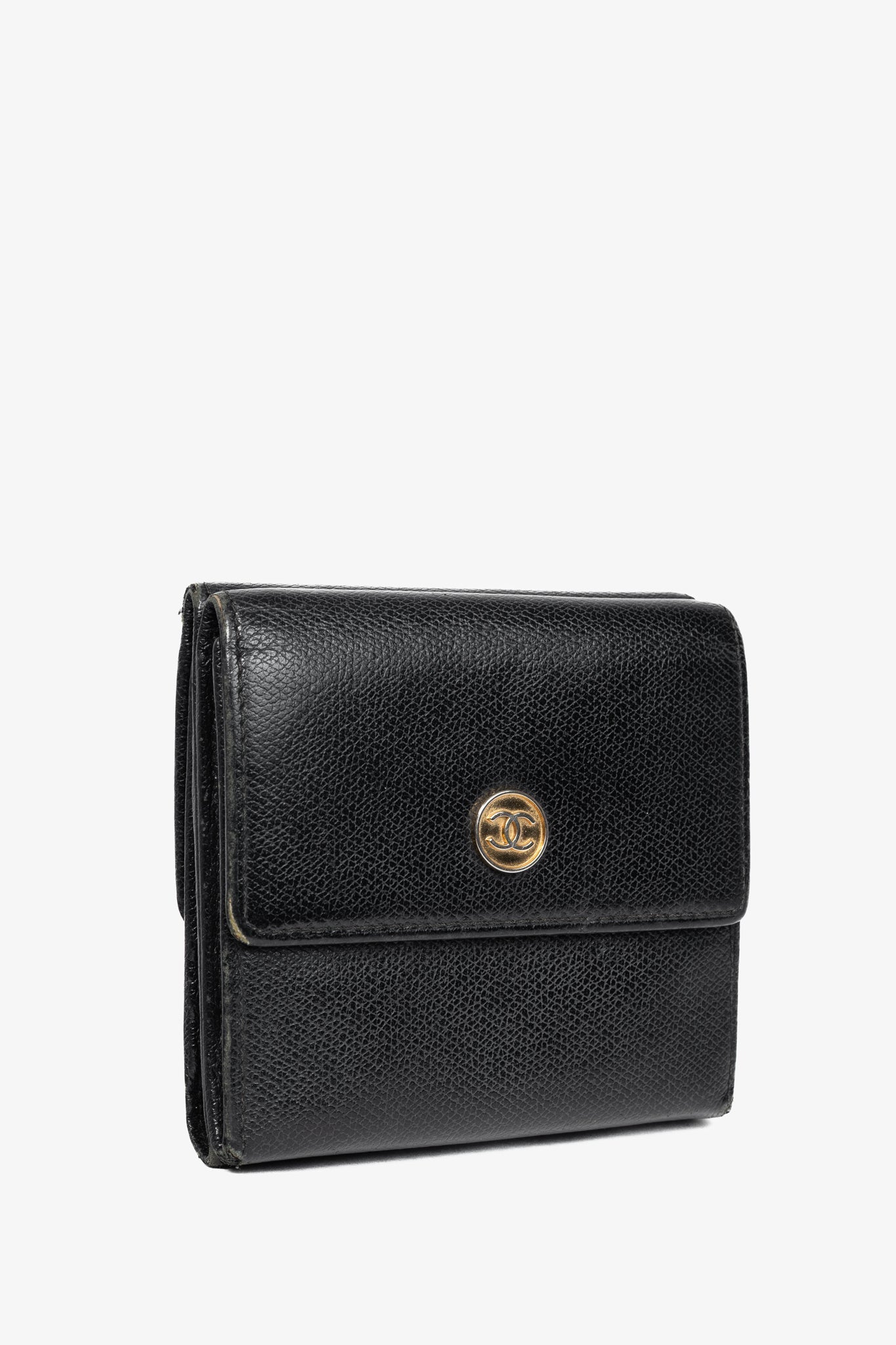 Chanel Black Leather Coco-Button Trifold Compact Wallet