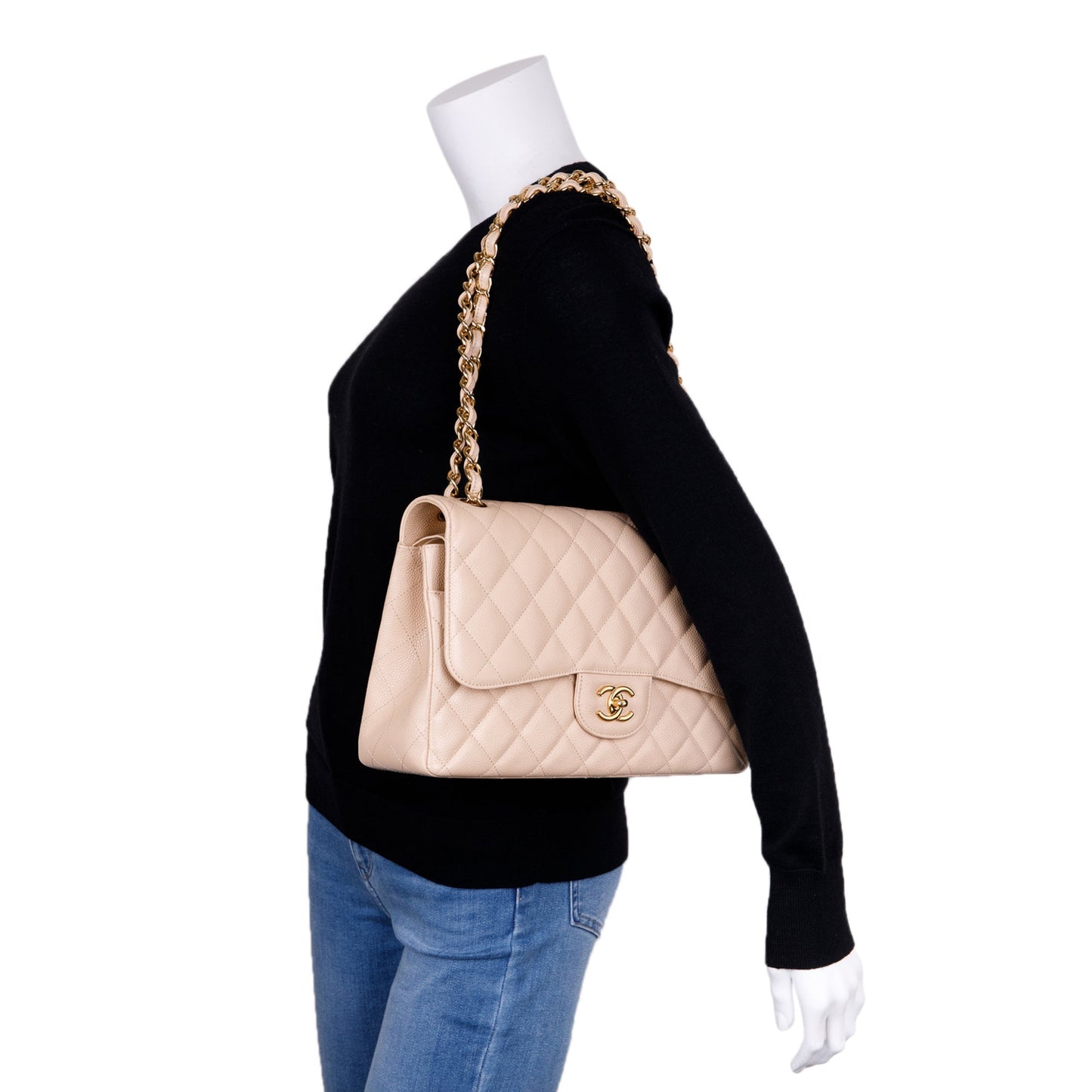 Chanel Caviar Classic Jumbo Double Flap Beige Travel Bag Authenticity Card