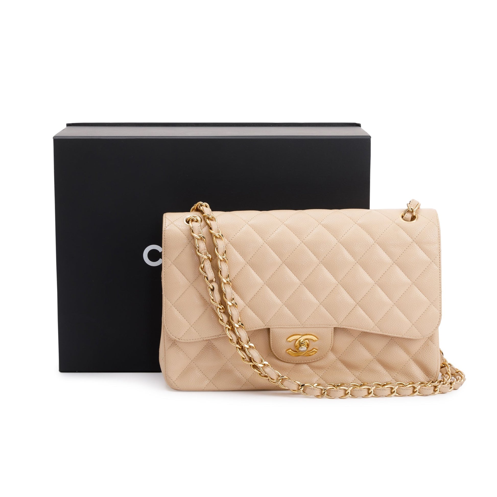 Chanel Caviar Classic Jumbo Double Flap Beige Travel Bag W Box
