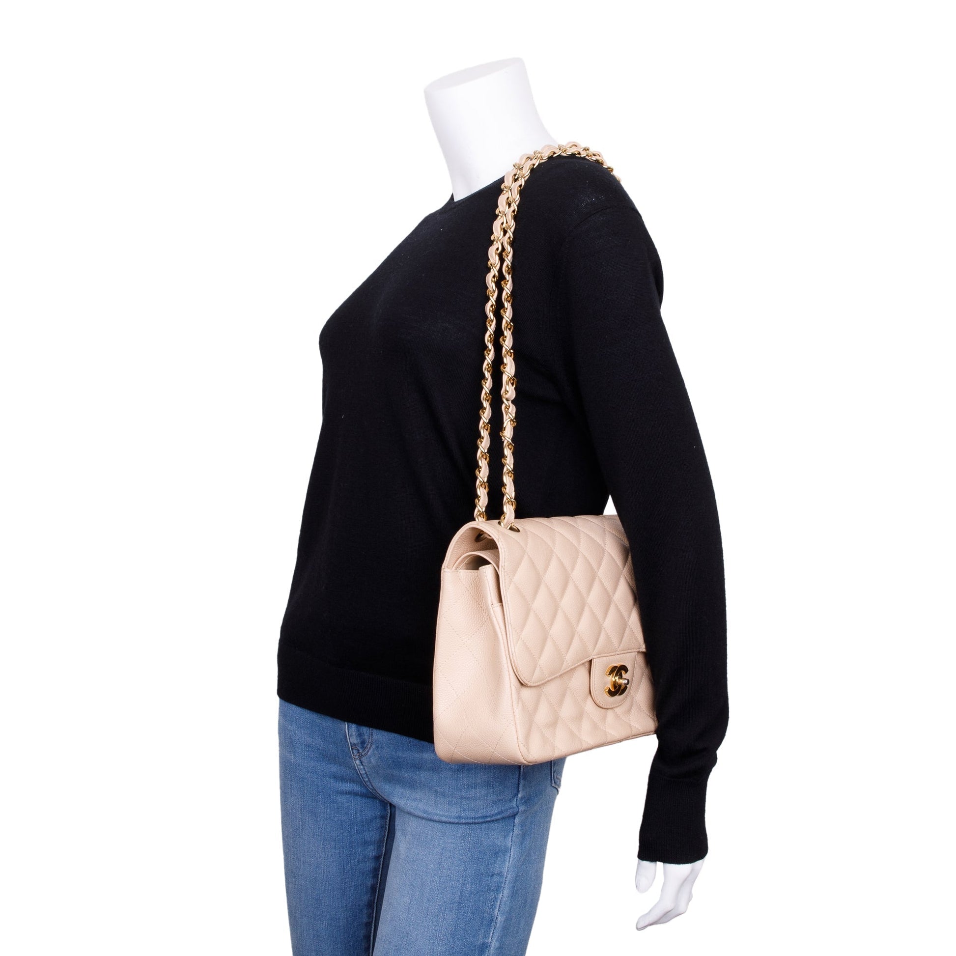 Chanel Caviar Classic Jumbo Double Flap Beige Travel Bag W Box