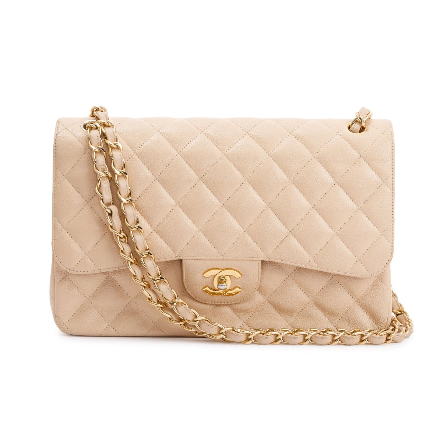 Chanel Caviar Classic Jumbo Double Flap Beige Travel Bag W Box