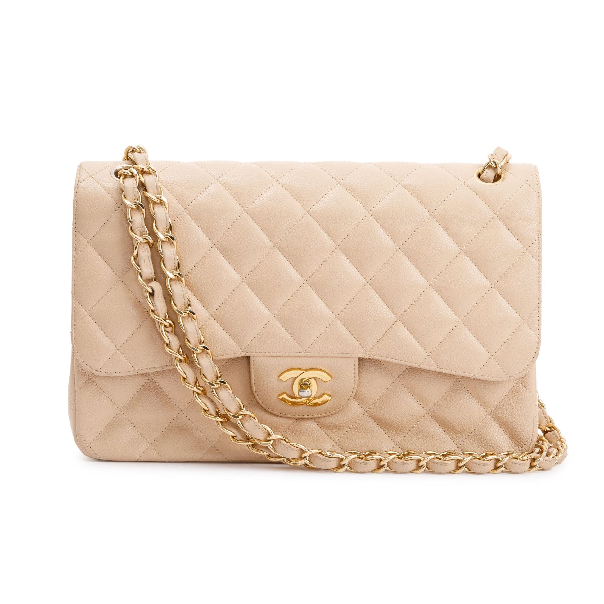 Chanel Caviar Classic Jumbo Double Flap Beige Travel Bag W Box