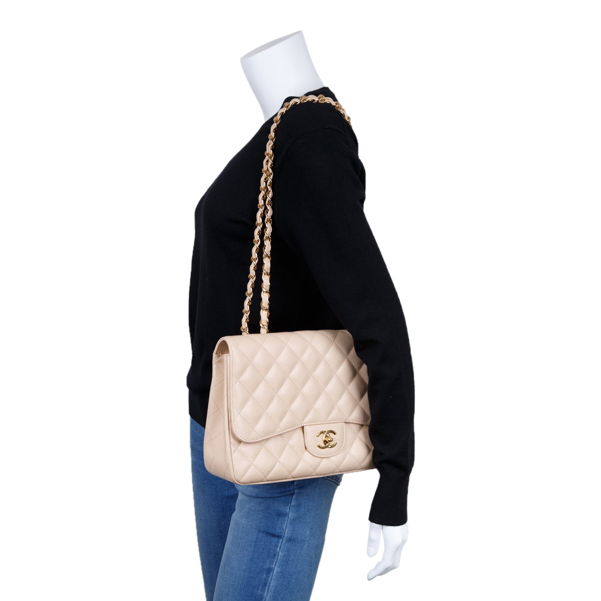 Chanel Caviar Classic Jumbo Single Flap Beige Travel Bag