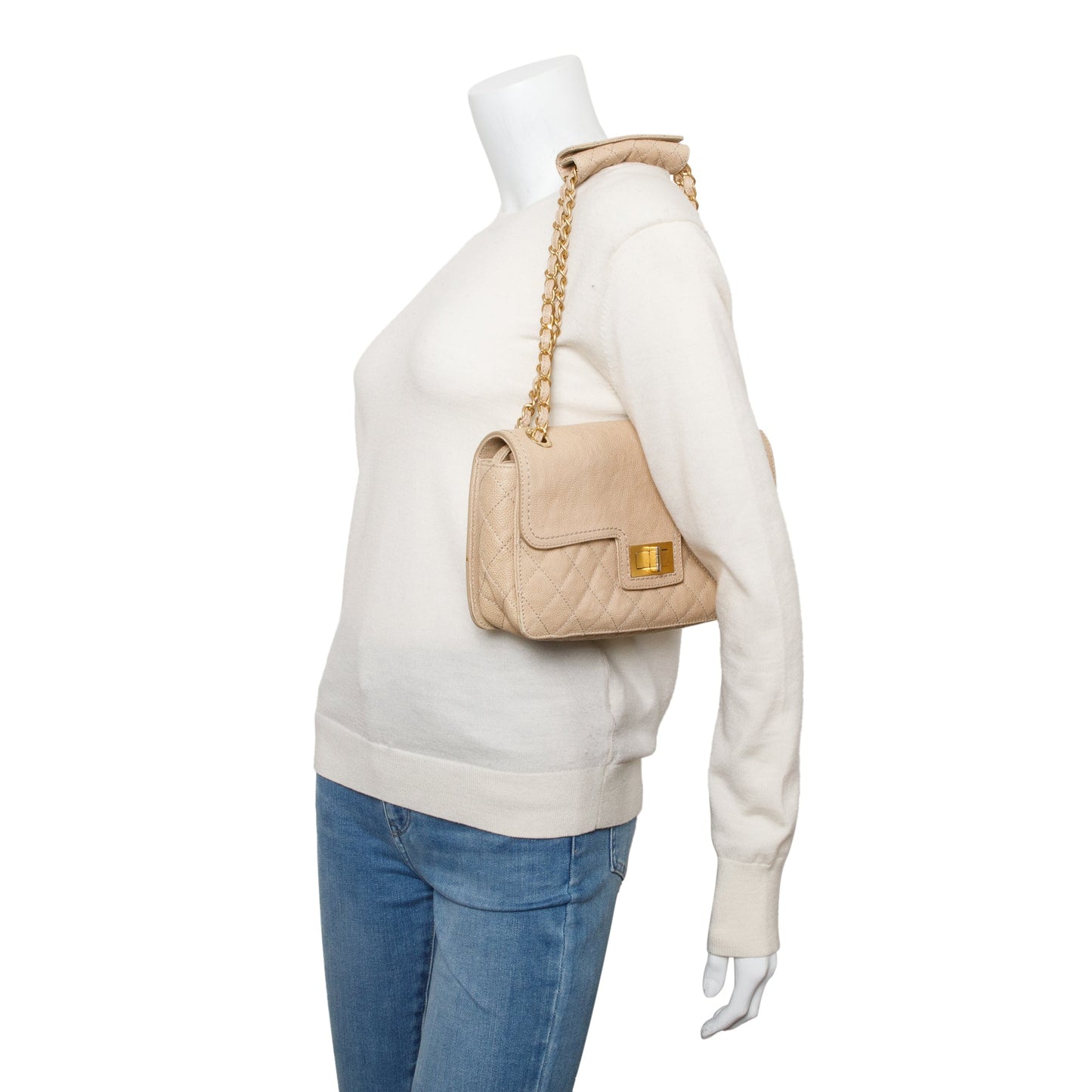 Chanel Caviar 2.55 Reissue Single Flap Leather Beige Travel Bag
