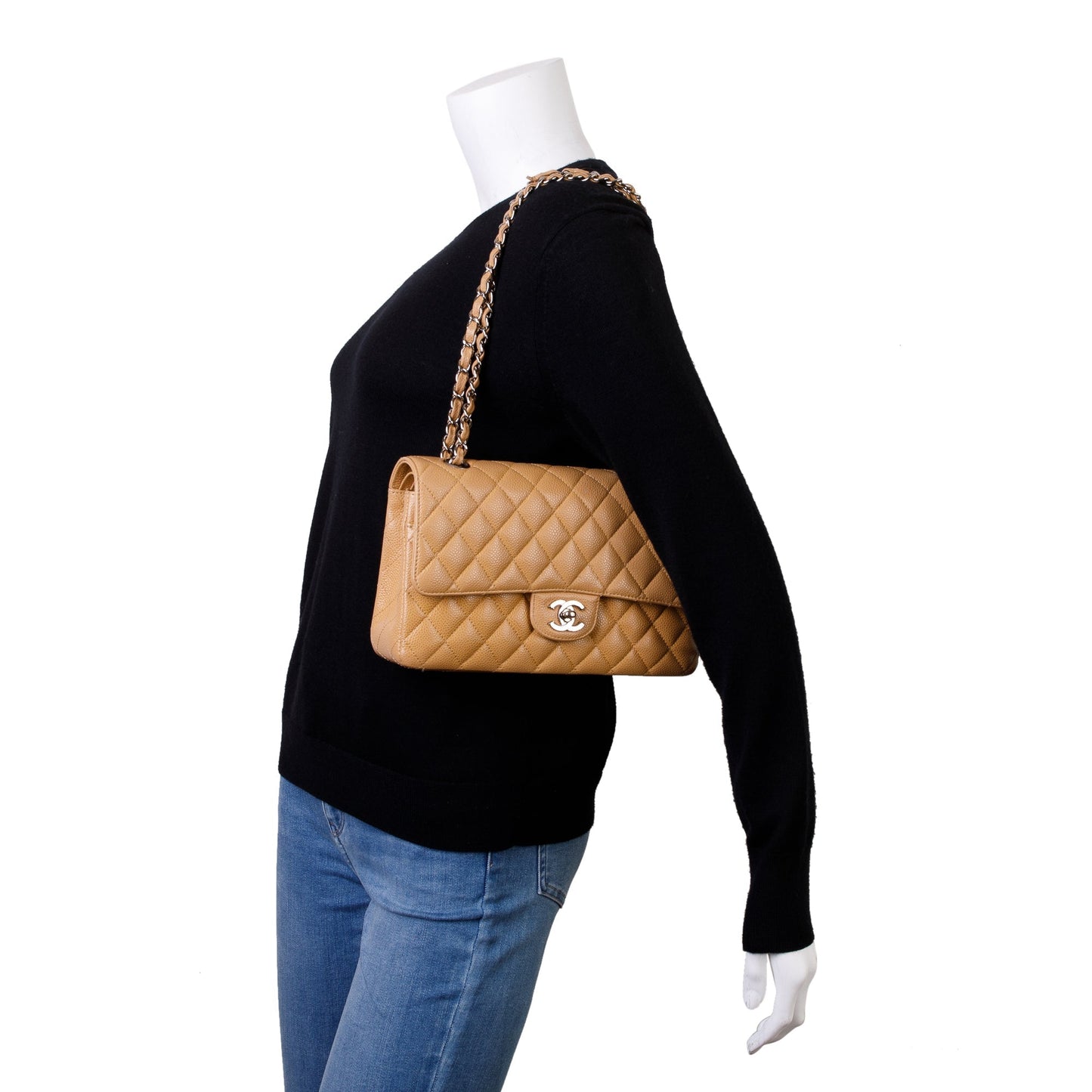 Chanel Caviar Classic Double Flap Leather Beige Travel Bag