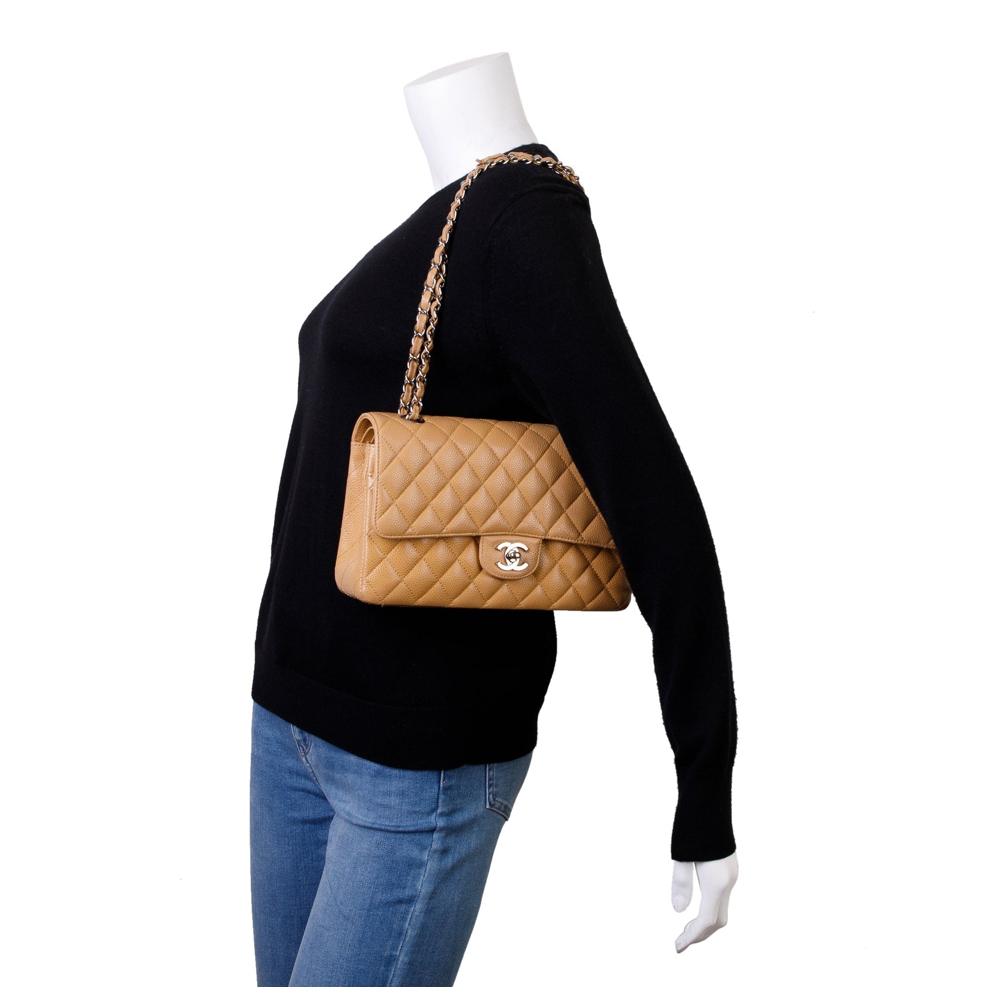 Chanel Caviar Classic Double Flap Leather Beige Travel Bag