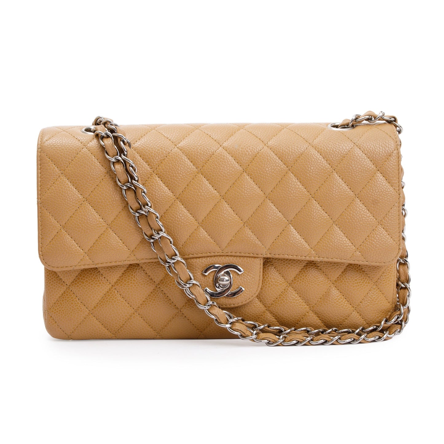 Chanel Caviar Classic Double Flap Leather Beige Travel Bag