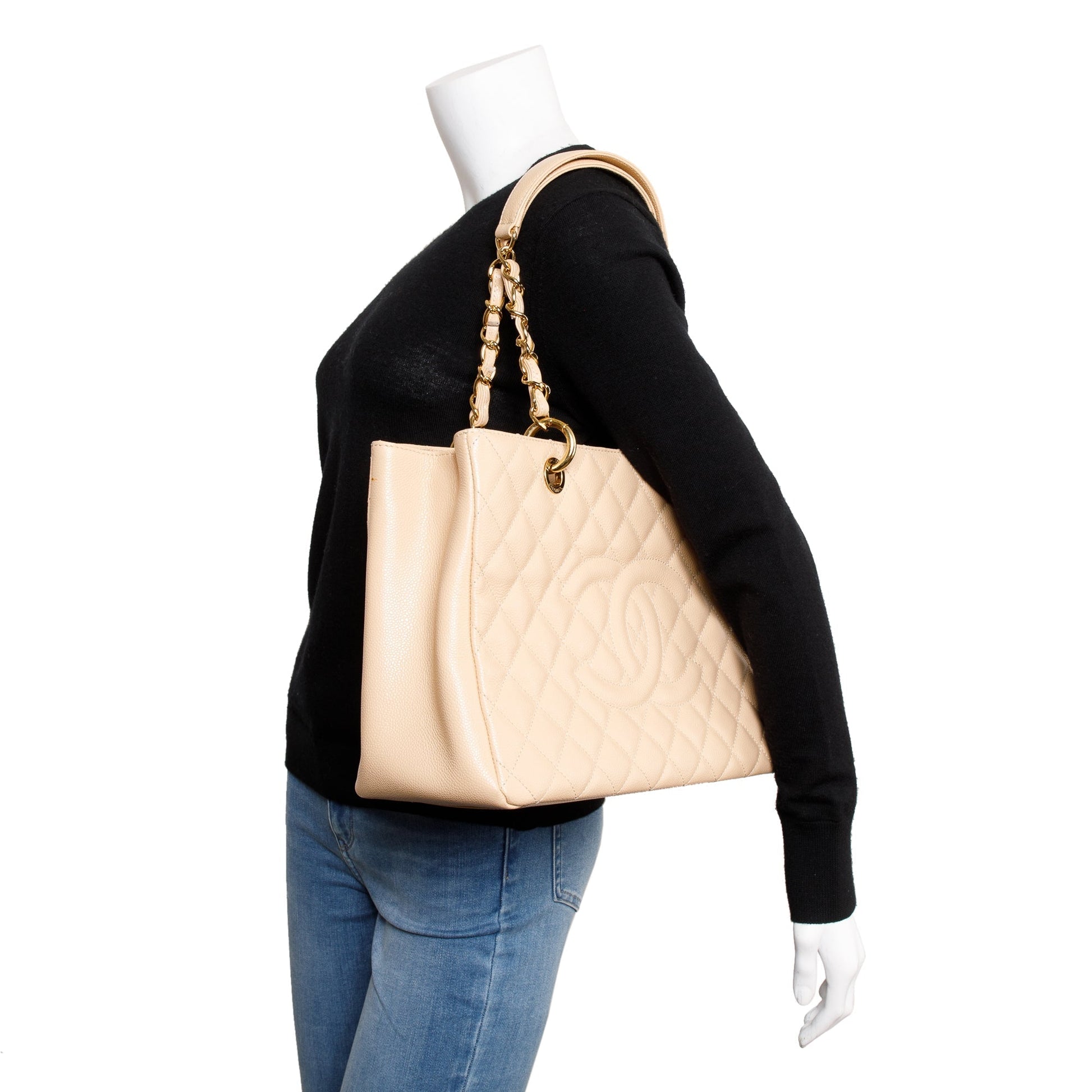 Chanel Caviar Grand Shopping GST Leather Beige Travel Bag Authentcity Card