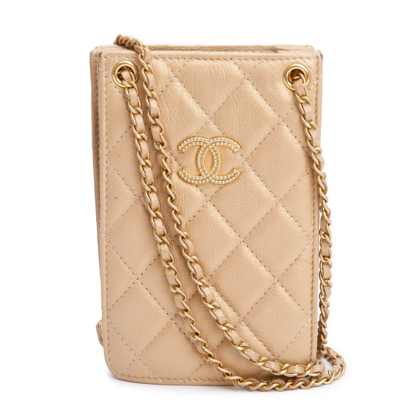 Chanel Iridescent Quilted CC Phone Holder Leather Calfskin Beige Travel Bag