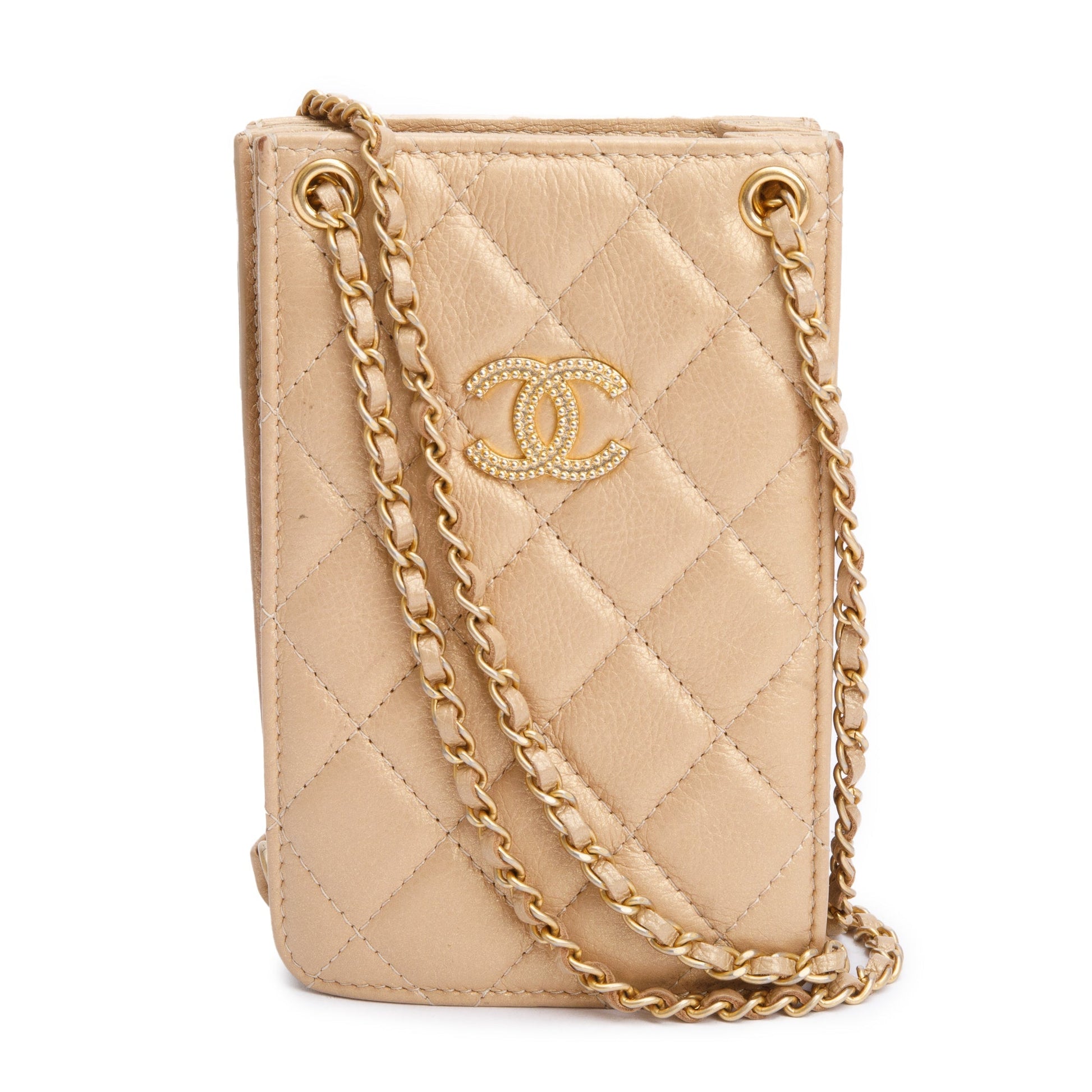 Chanel Iridescent Quilted CC Phone Holder Leather Calfskin Beige Travel Bag