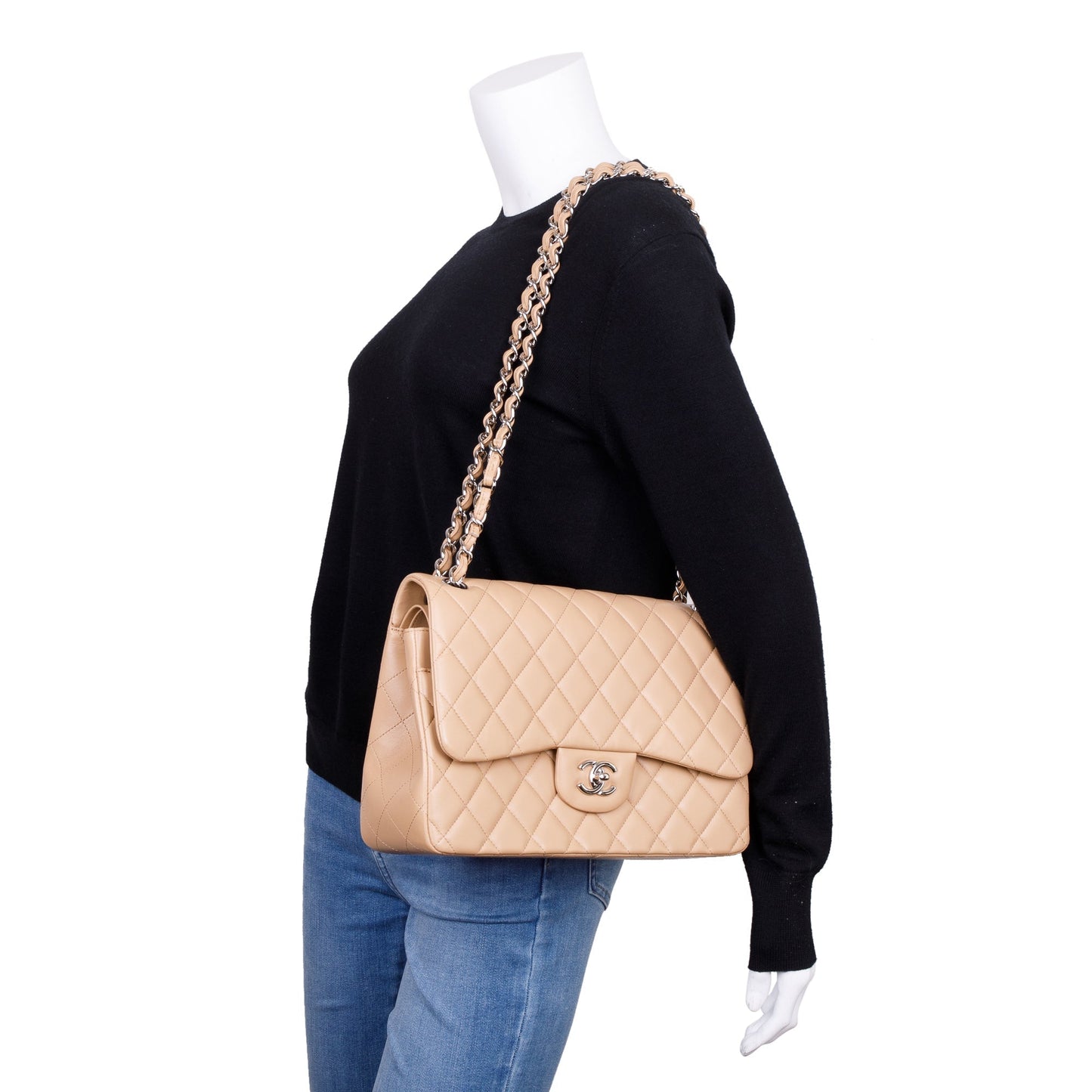 Chanel Classic Jumbo Double Flap Lambskin Beige Travel Bag Flap Bag