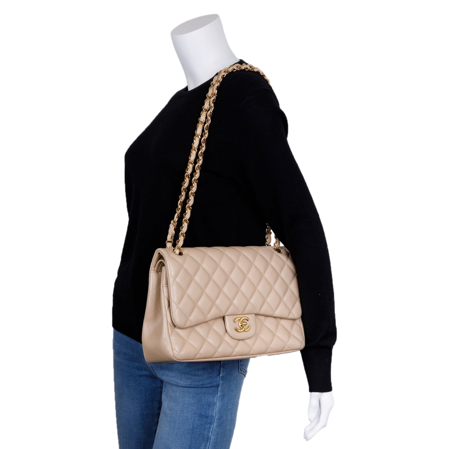 Chanel Classic Jumbo Double Flap Lambskin Beige Travel Bag