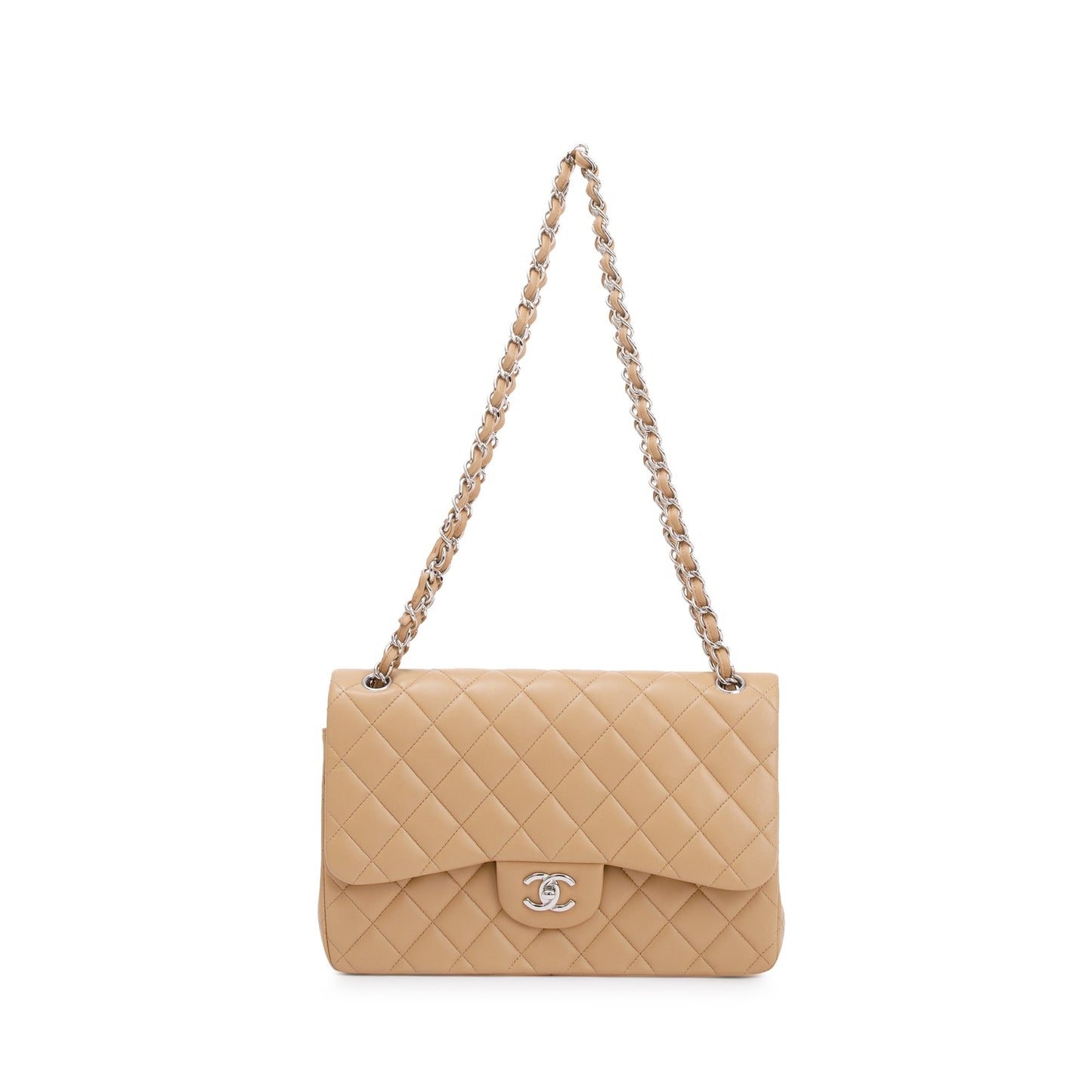 Chanel Classic Jumbo Double Flap Lambskin Beige Travel Bag Flap Bag