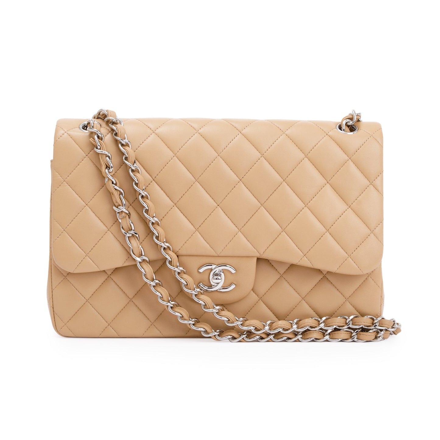 Chanel Classic Jumbo Double Flap Lambskin Beige Travel Bag Flap Bag