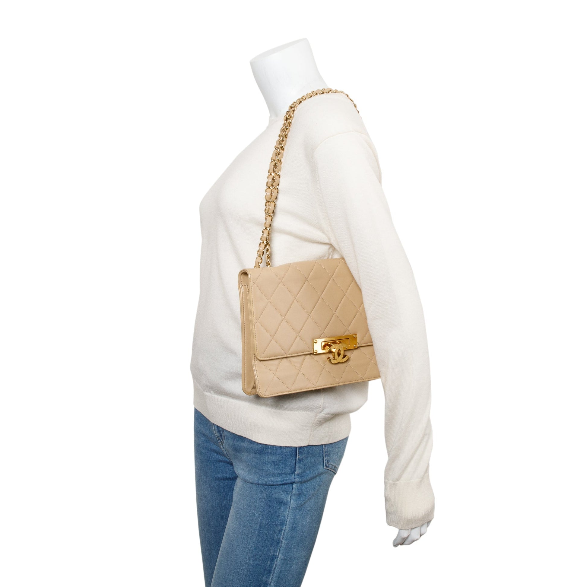 Chanel Golden Class Flap Leather Lambskin Beige Travel Bag