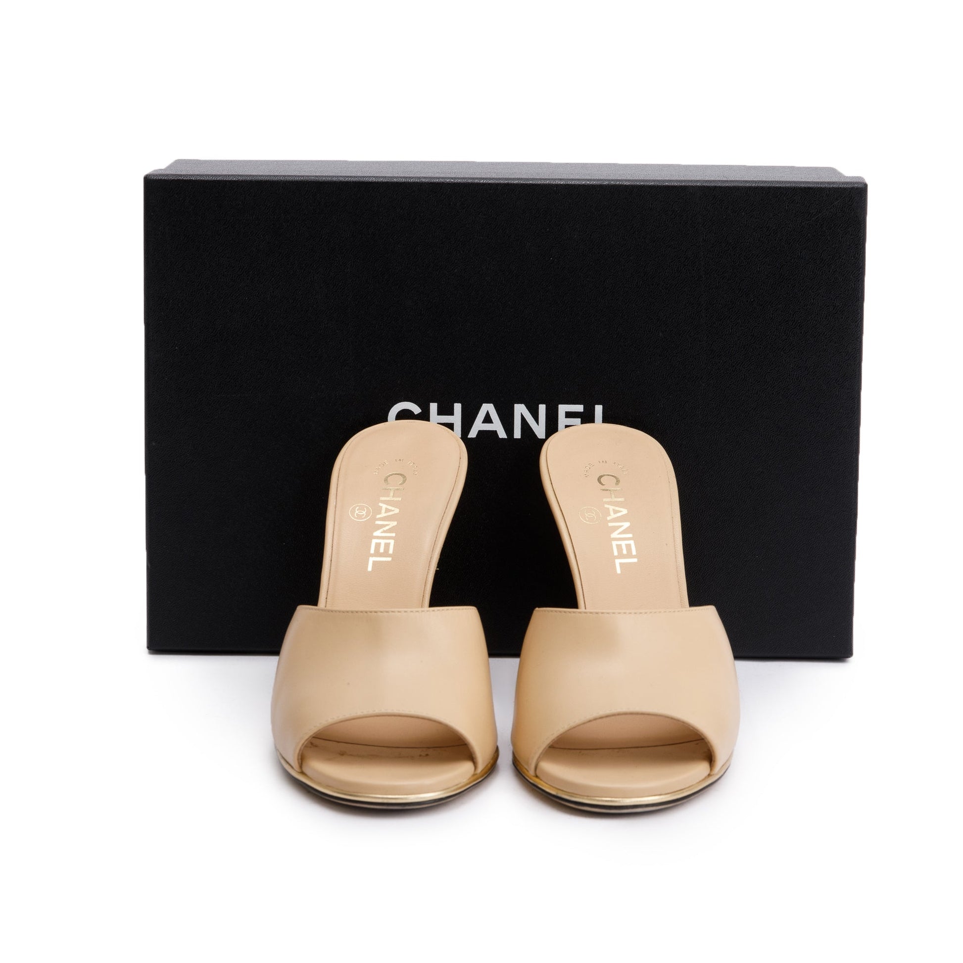 Chanel Lucite CC Wedge Mules Leather Lambskin Beige Shoes
