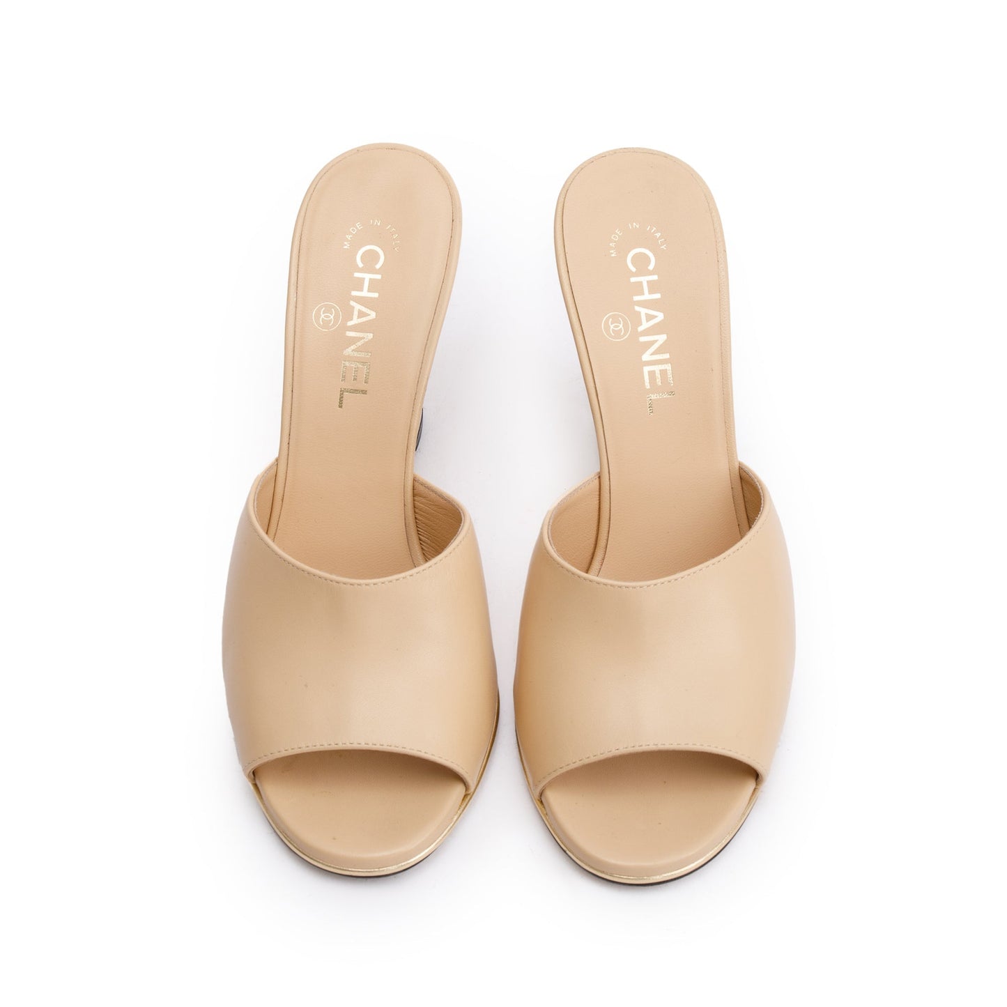Chanel Lucite CC Wedge Mules Leather Lambskin Beige Shoes