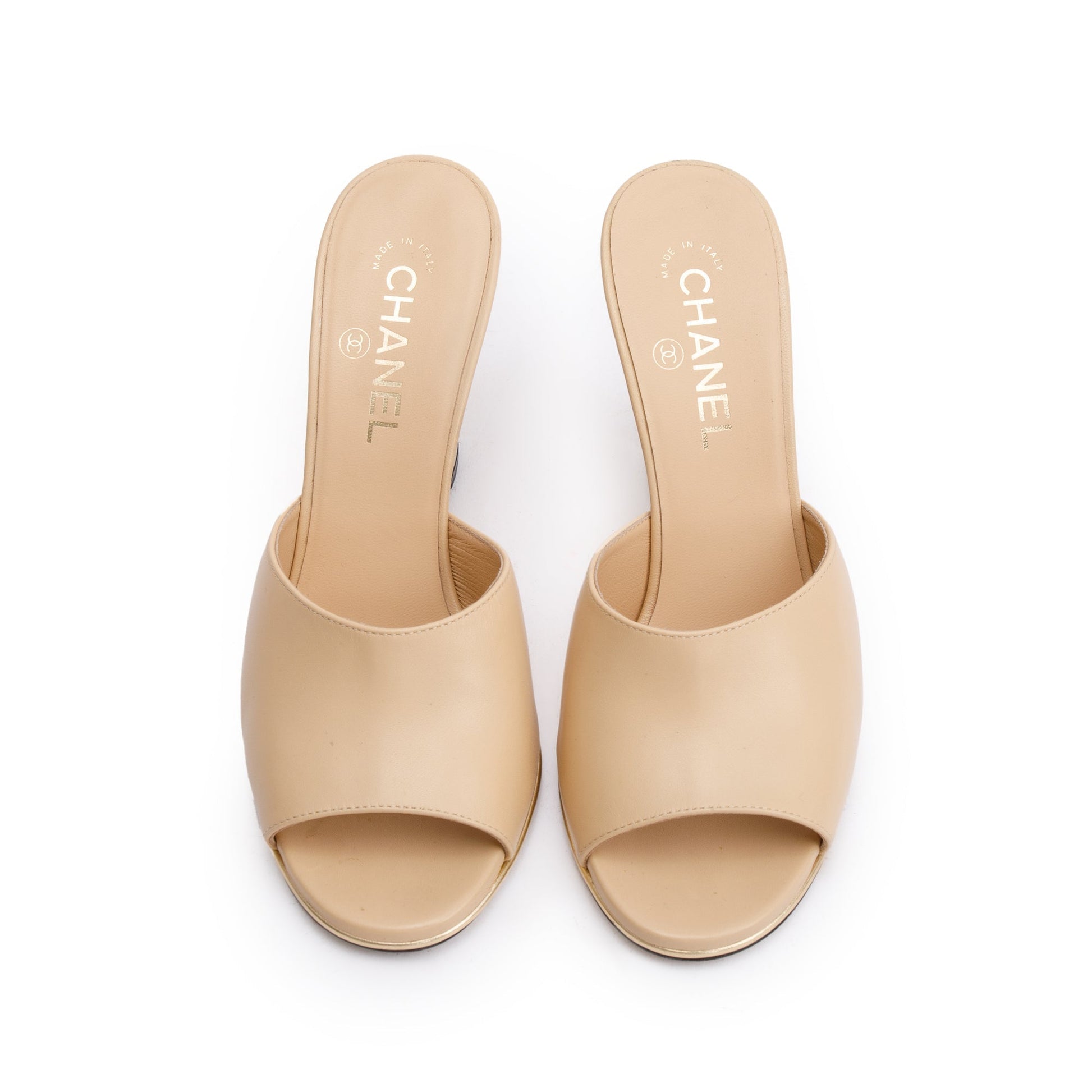 Chanel Lucite CC Wedge Mules Leather Lambskin Beige Shoes