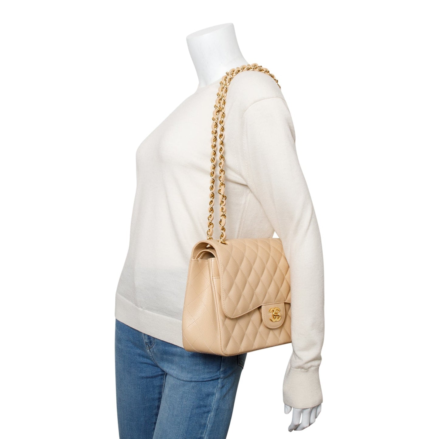 Chanel Quilted Caviar Classic Jumbo Double Leather Beige Travel Bag Authenticity Card