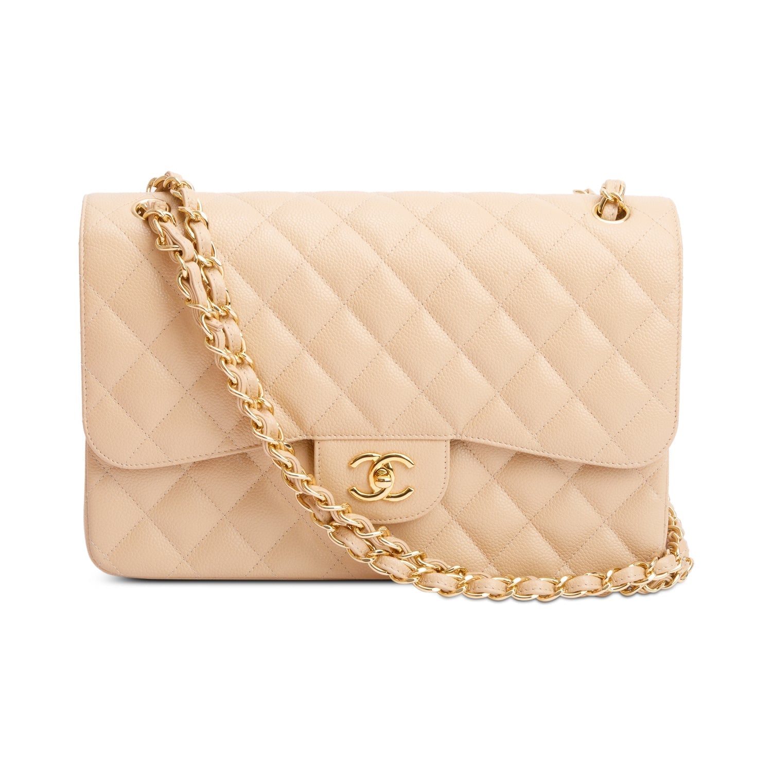 Chanel Quilted Caviar Classic Jumbo Double Leather Beige Travel Bag Authenticity Card