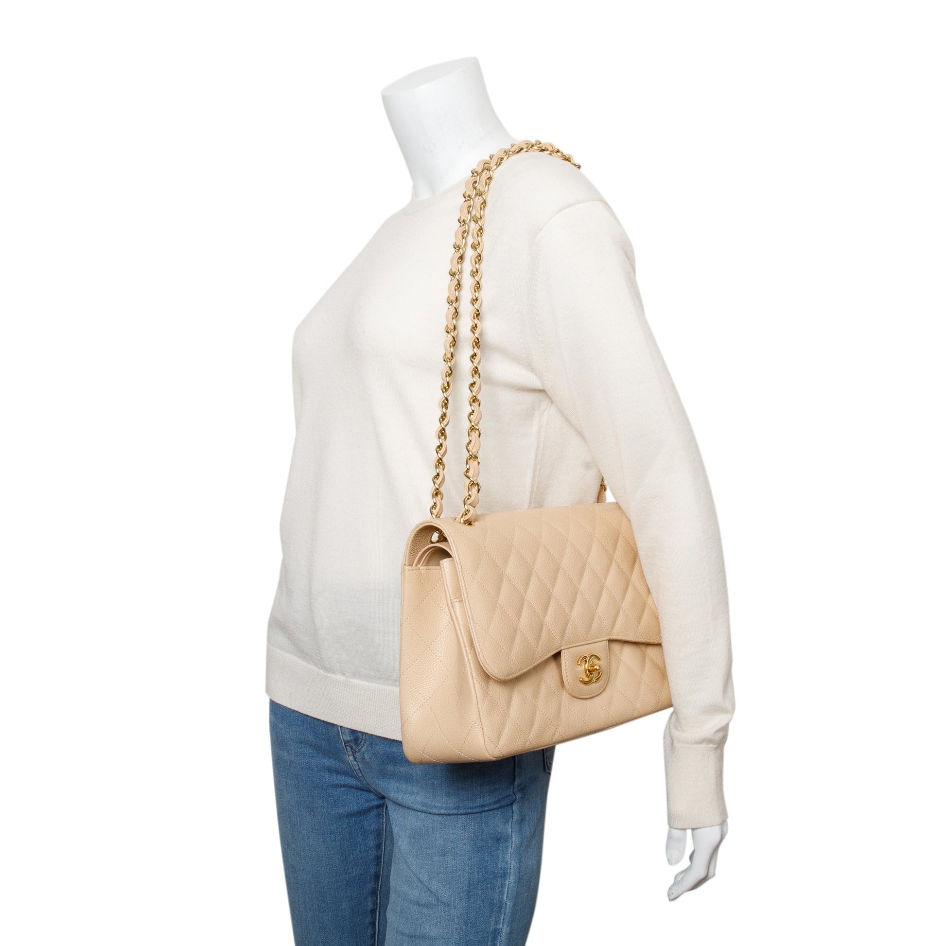 Chanel Quilted Caviar Classic Jumbo Double Leather Beige Travel Bag
