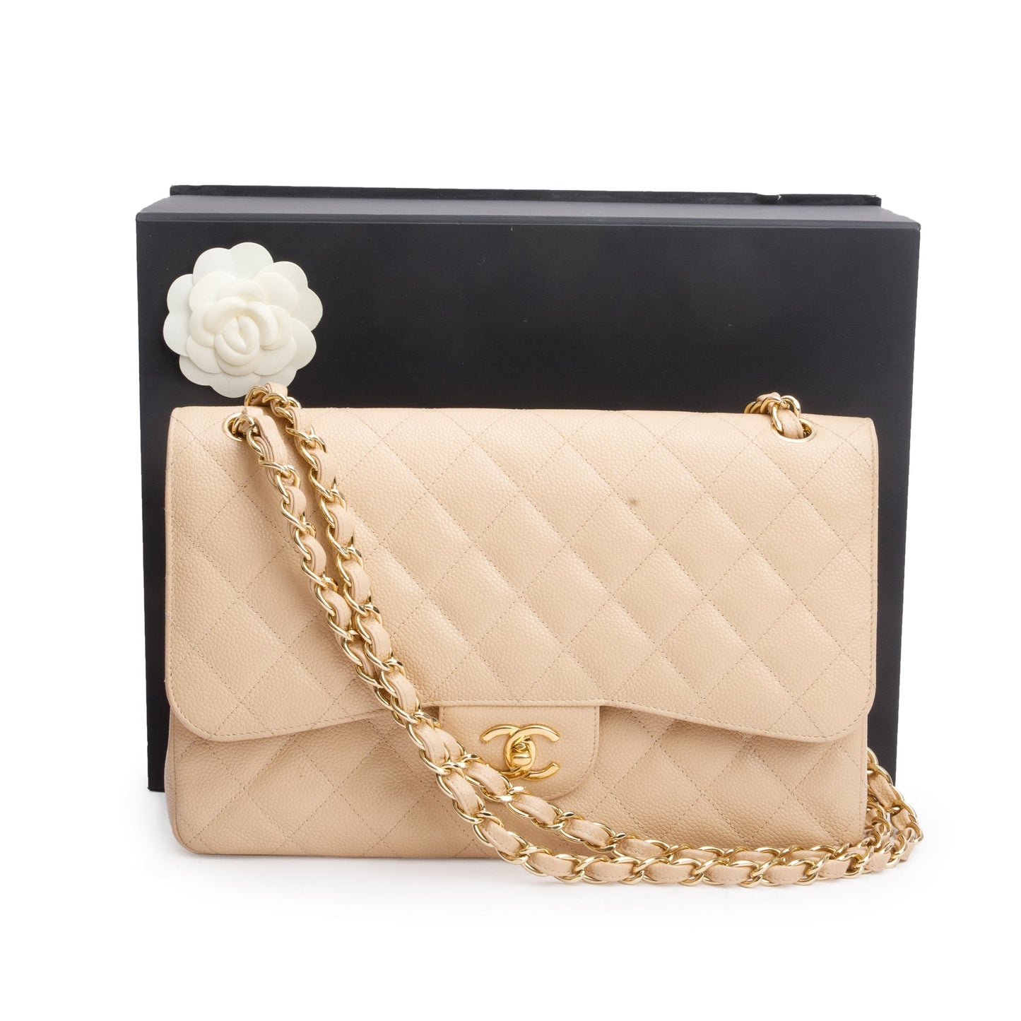 Chanel Quilted Caviar Classic Jumbo Double Leather Beige Travel Bag