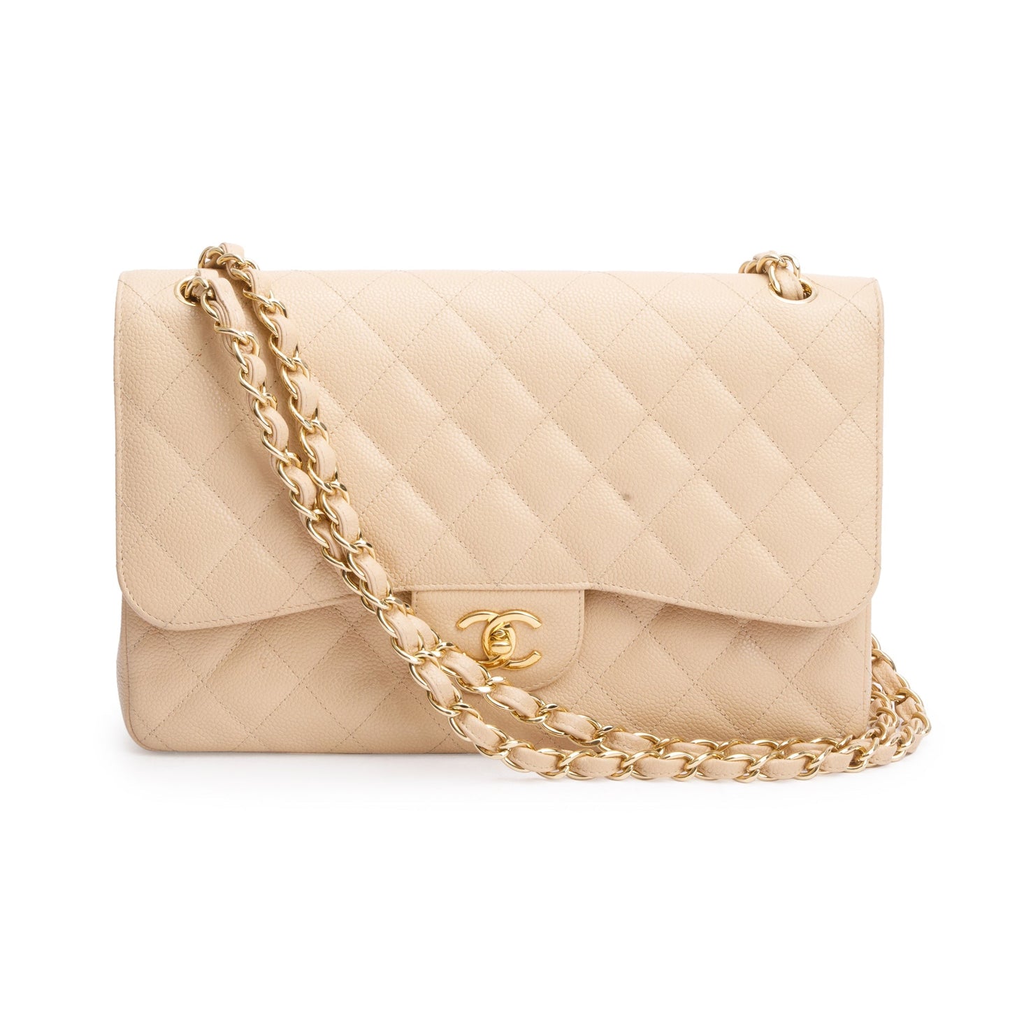 Chanel Quilted Caviar Classic Jumbo Double Leather Beige Travel Bag