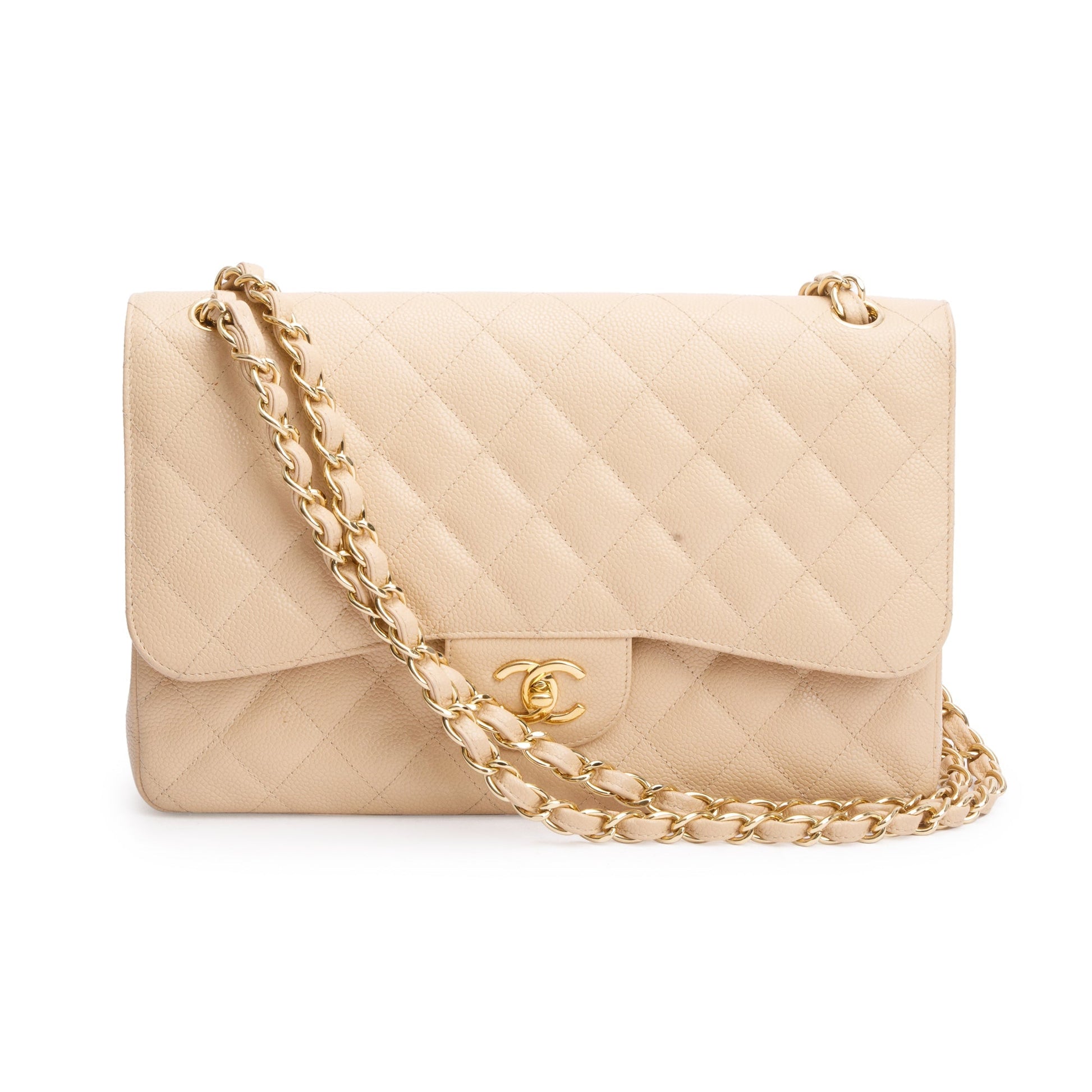 Chanel Quilted Caviar Classic Jumbo Double Leather Beige Travel Bag