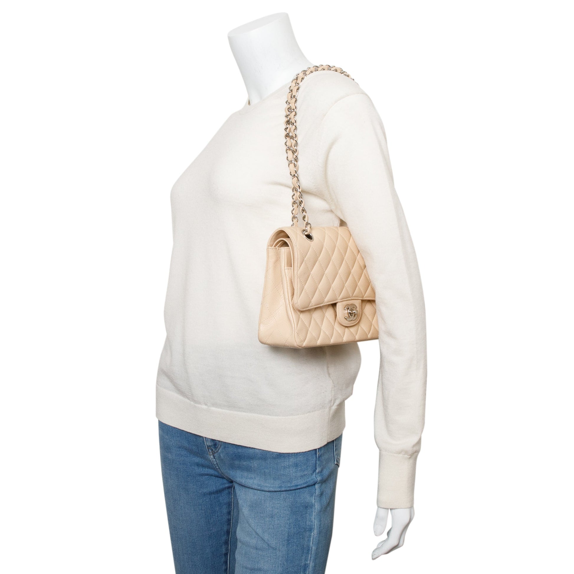Chanel Quilted Caviar Classic Double Flap Leather Beige Travel Bag