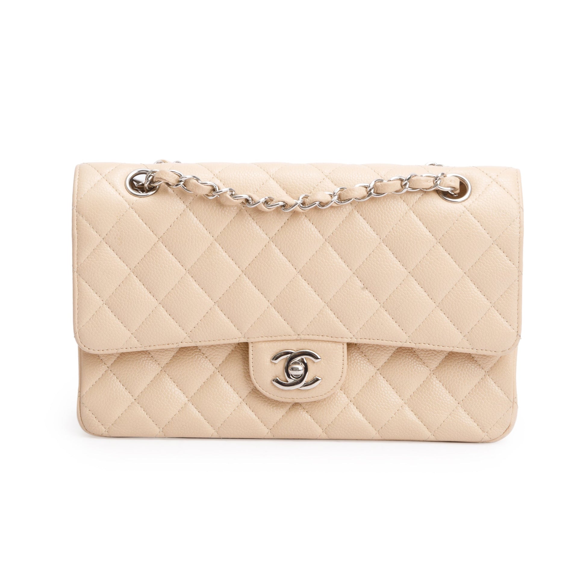 Chanel Quilted Caviar Classic Double Flap Leather Beige Travel Bag