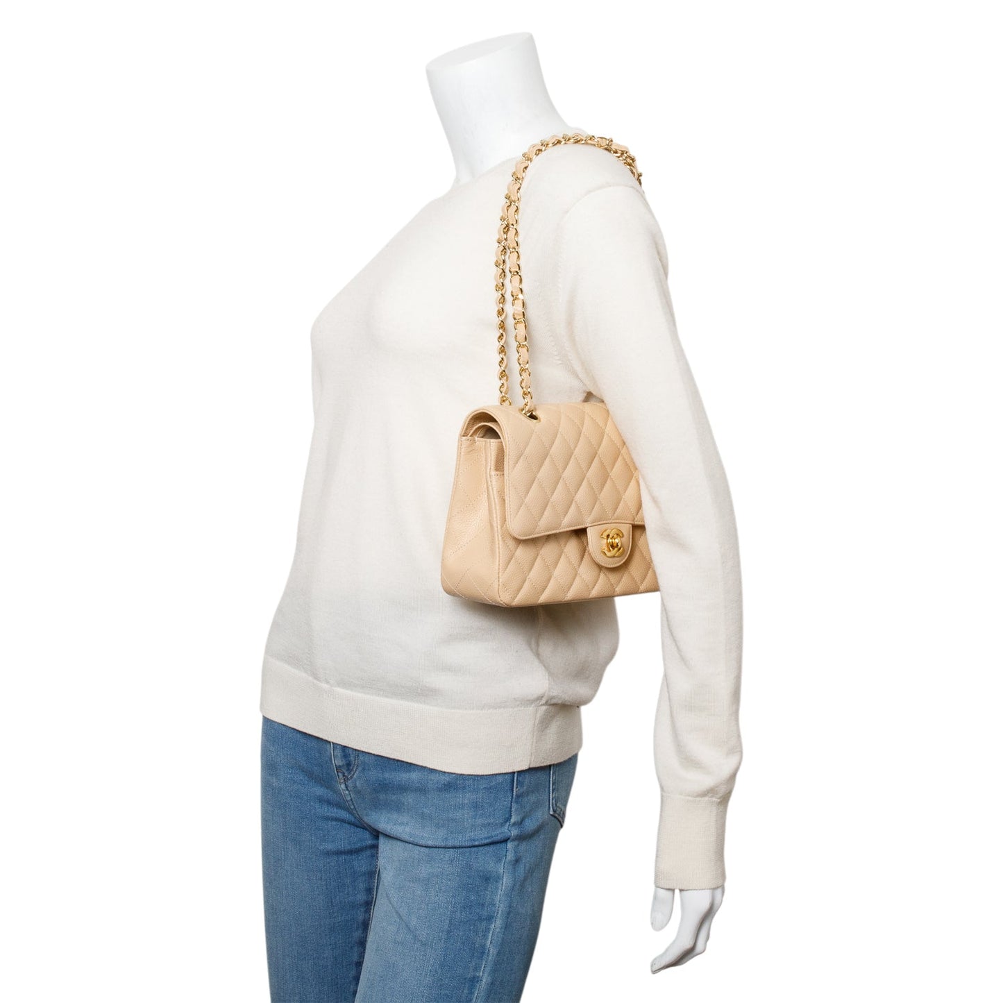 Chanel Quilted Caviar Classic Double Flap Leather Beige Travel Bag Authenticity Card