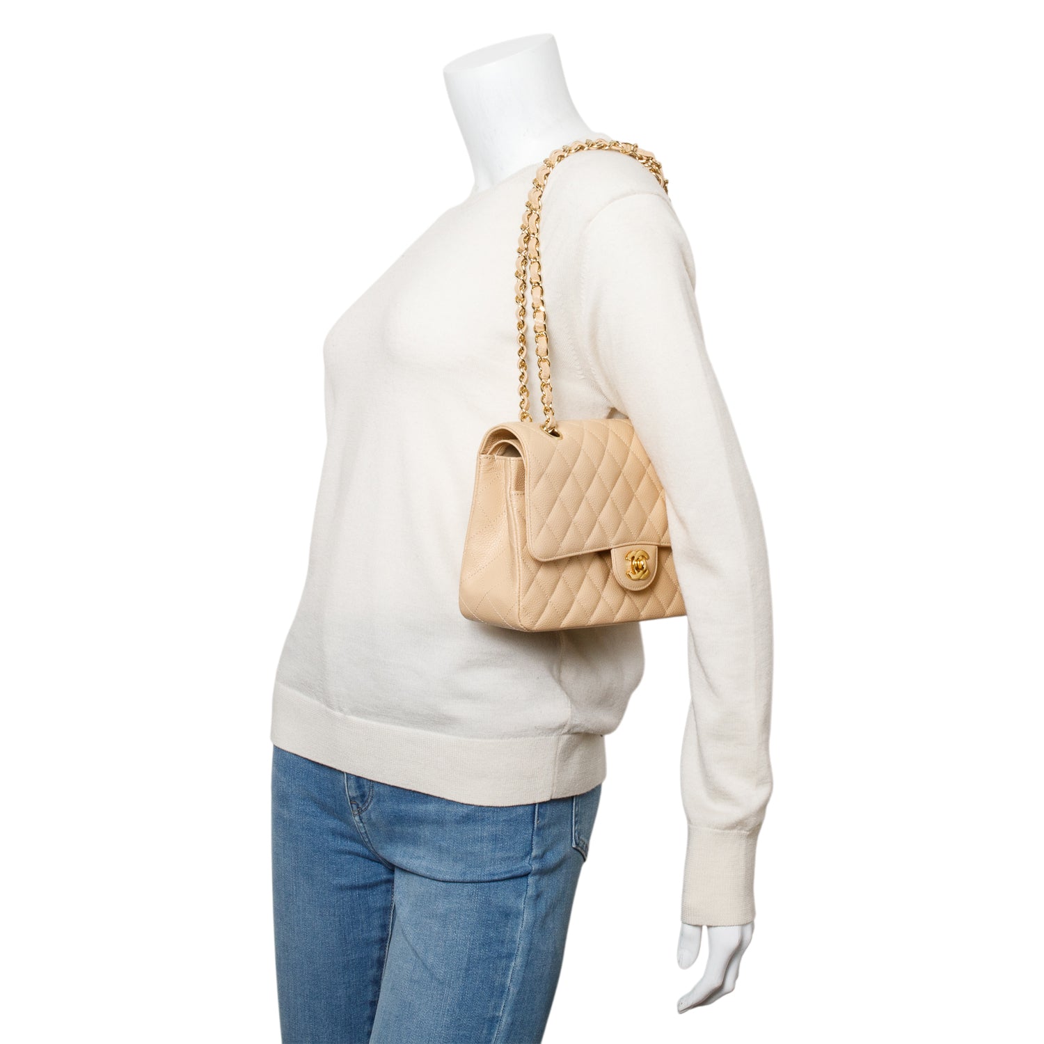 Chanel Quilted Caviar Classic Double Flap Leather Beige Travel Bag Authenticity Card