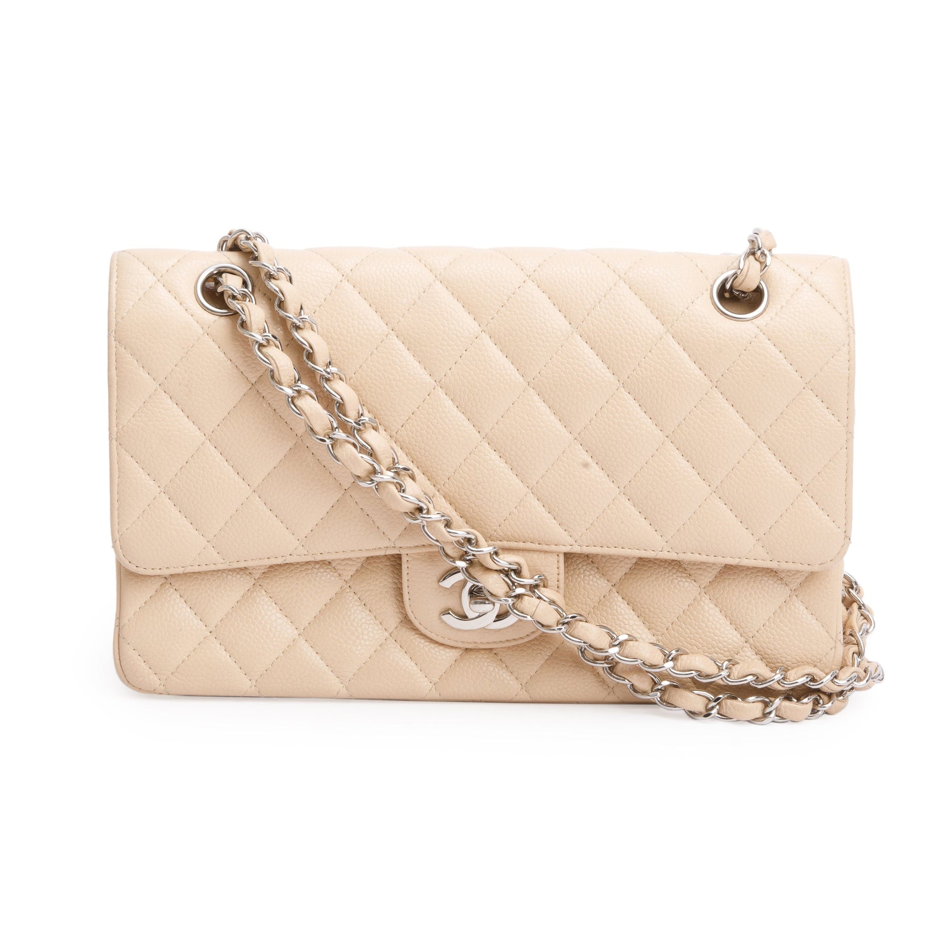 Chanel Quilted Caviar Classic Double Flap Leather Beige Travel Bag