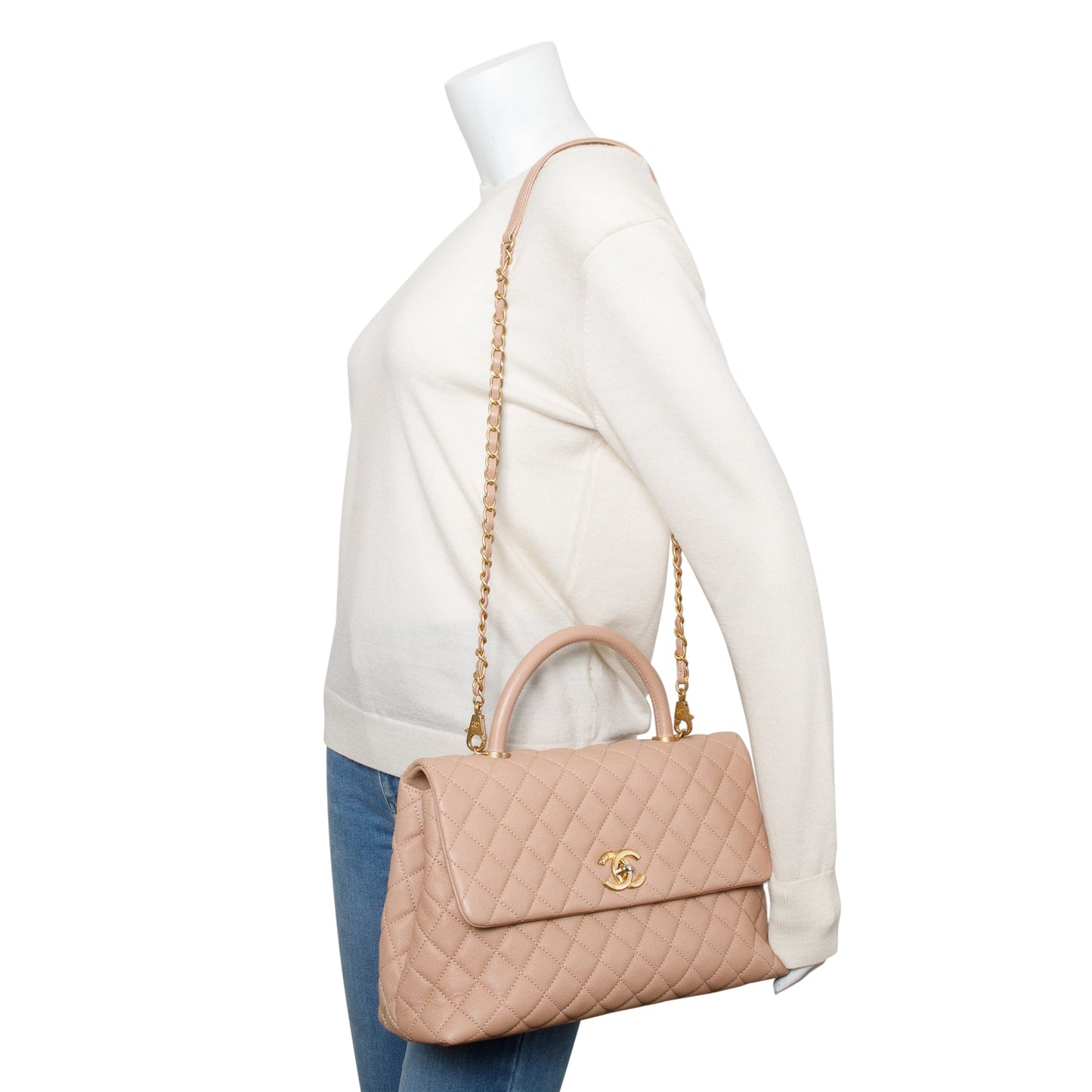Chanel Quilted Caviar Coco Handle Leather Beige Travel Bag