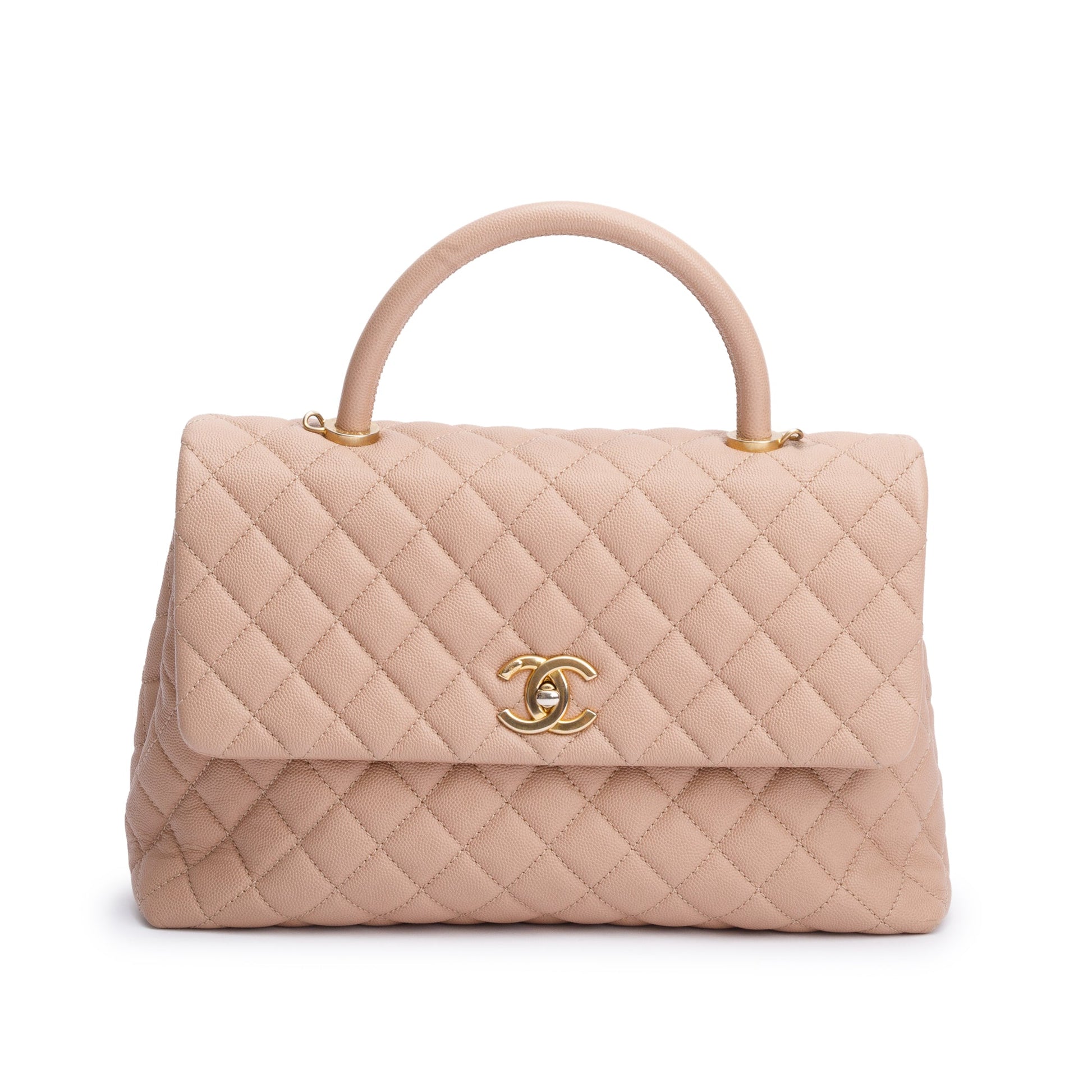 Chanel Quilted Caviar Coco Handle Leather Beige Travel Bag