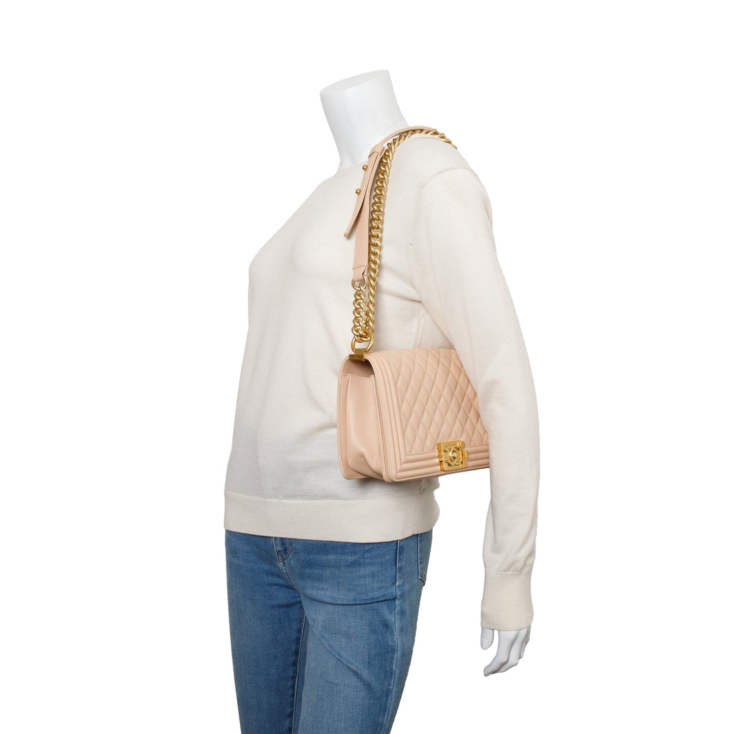 Chanel Quilted Caviar Boy Leather Beige Travel Bag