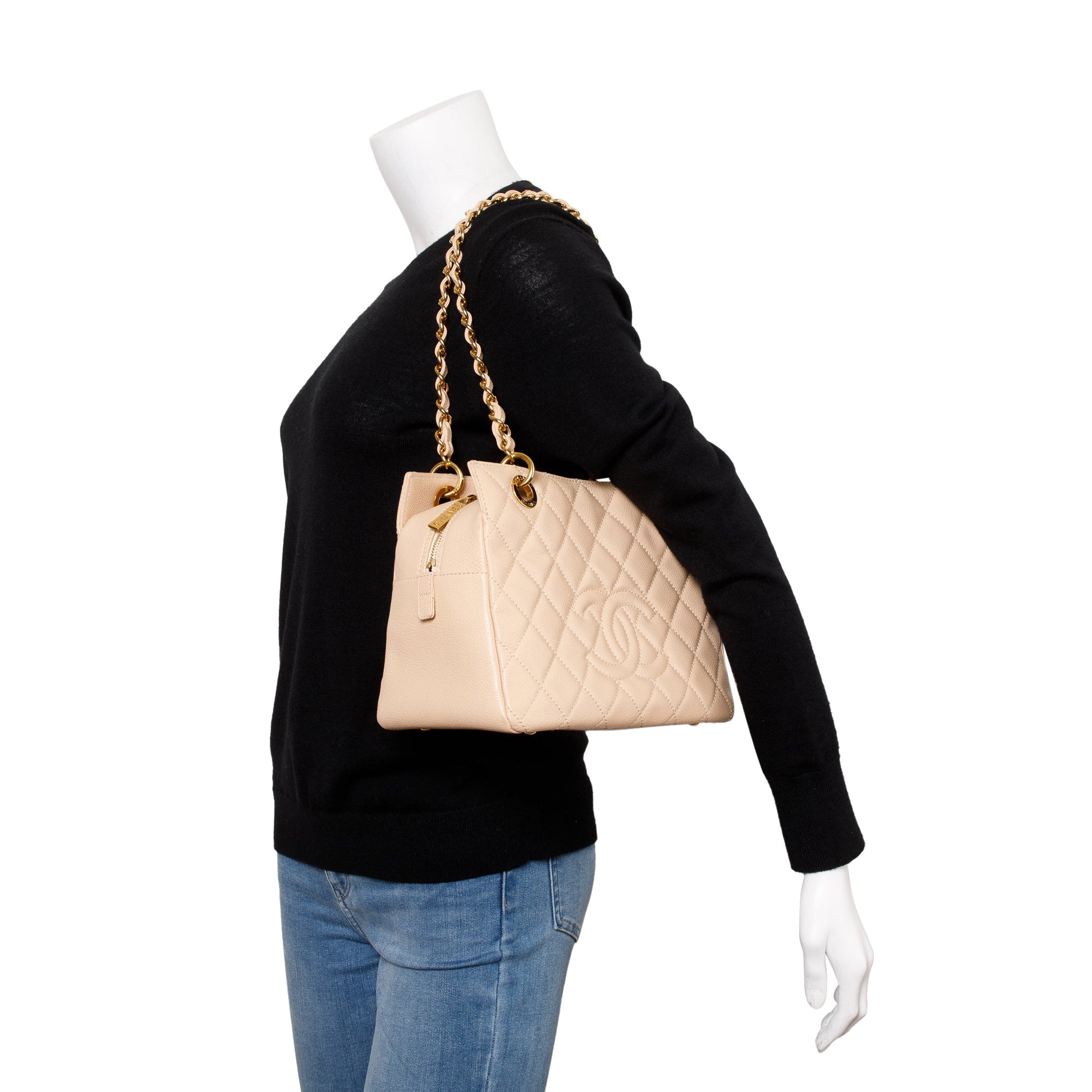 Chanel Quilted Caviar Petit Timeless Leather Beige Travel Bag