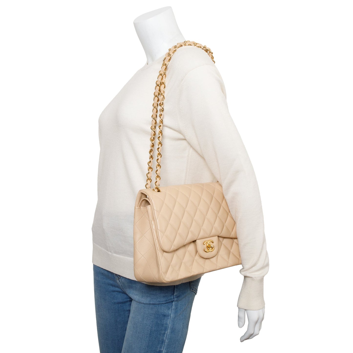 Chanel Quilted Classic Jumbo Double Flap Leather Lambskin Beige Travel Bag