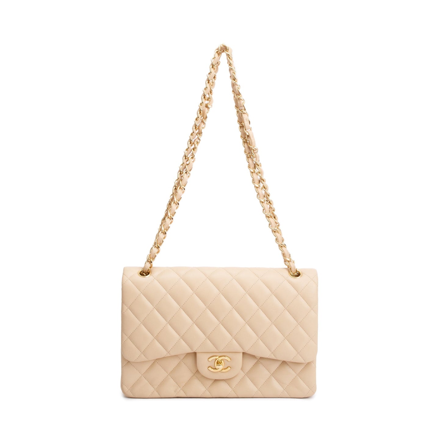 Chanel Quilted Classic Jumbo Double Flap Leather Lambskin Beige Travel Bag
