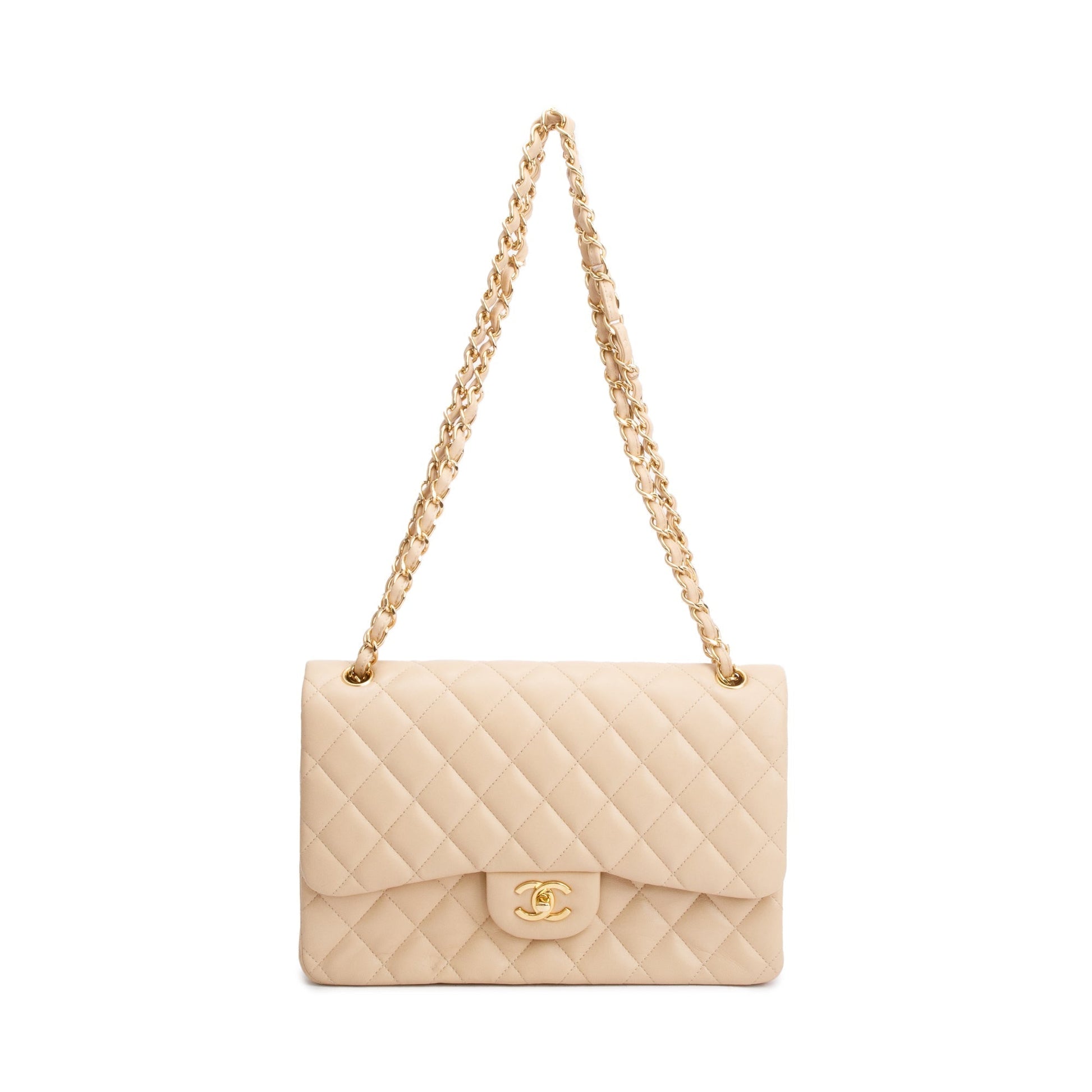 Chanel Quilted Classic Jumbo Double Flap Leather Lambskin Beige Travel Bag
