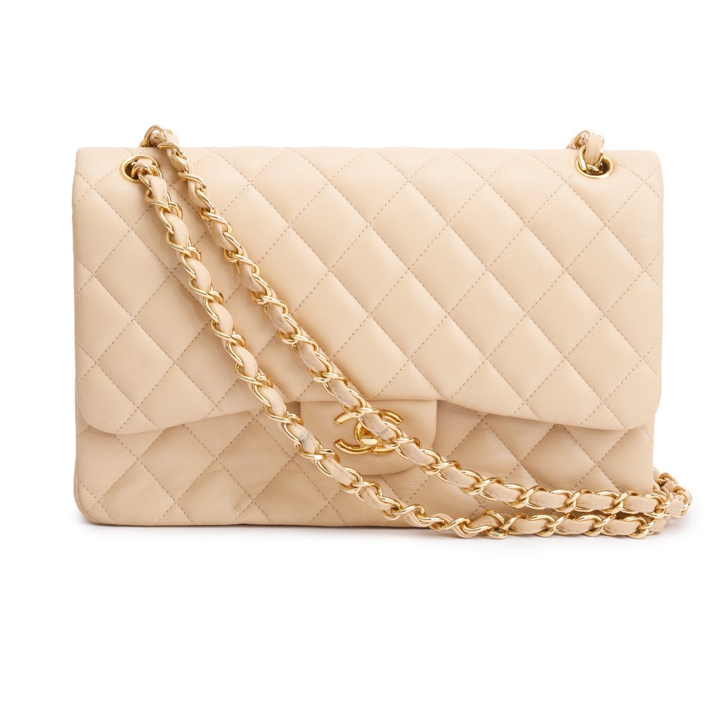 Chanel Quilted Classic Jumbo Double Flap Leather Lambskin Beige Travel Bag