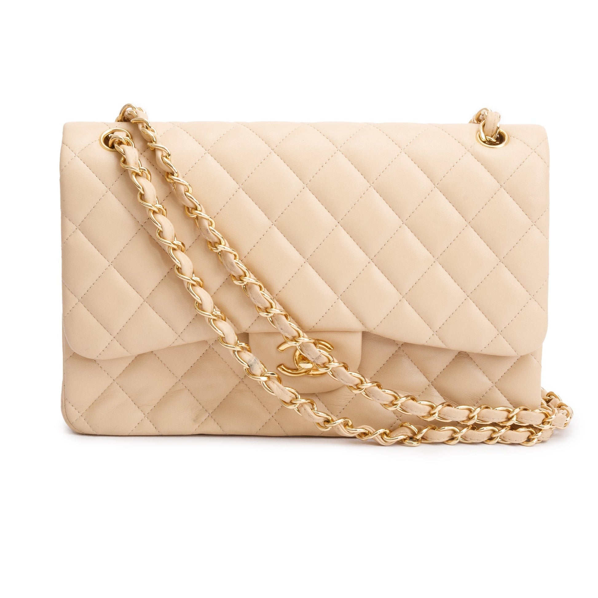 Chanel Quilted Classic Jumbo Double Flap Leather Lambskin Beige Travel Bag