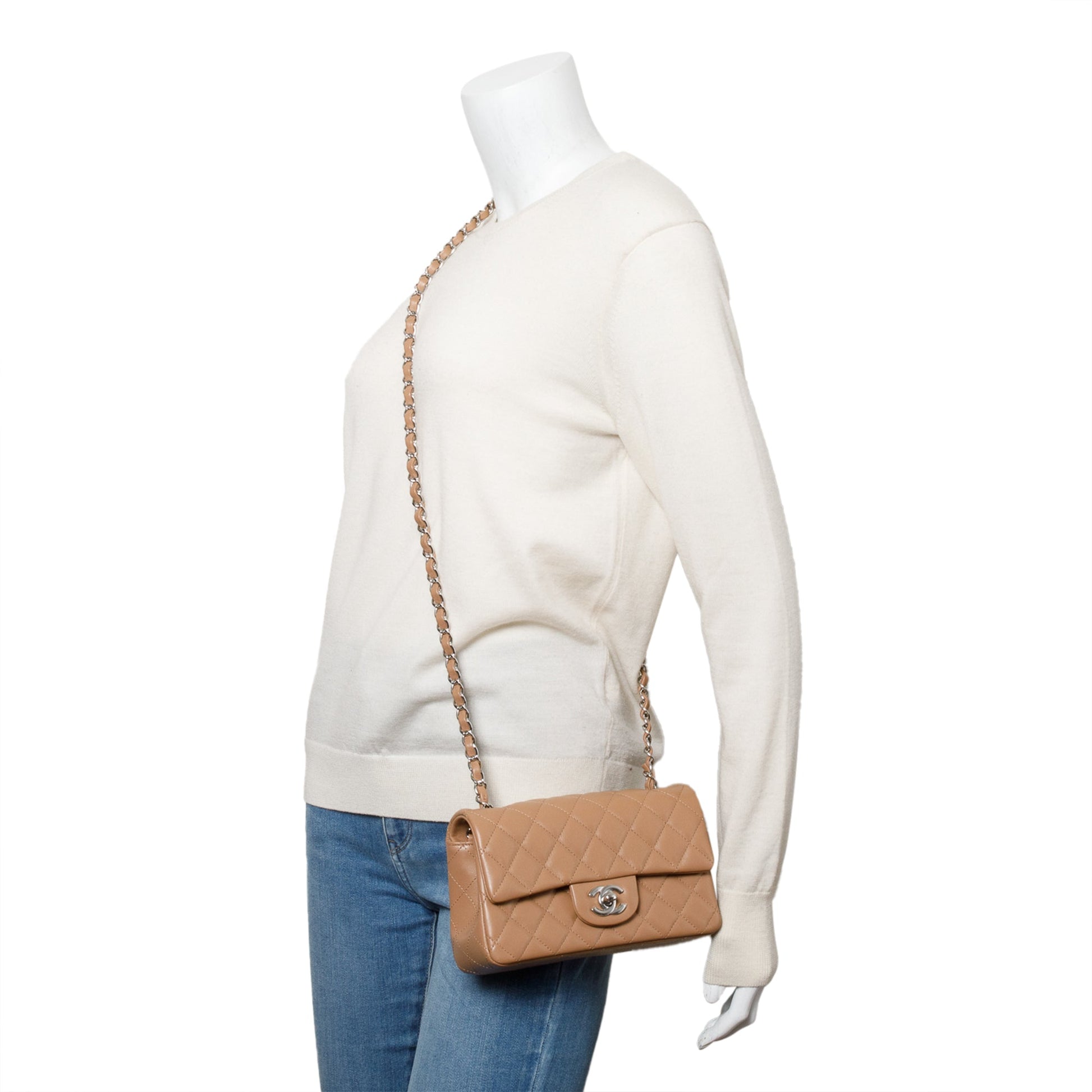 Chanel Quilted Classic Rectangular Flap Leather Lambskin Beige Travel Bag
