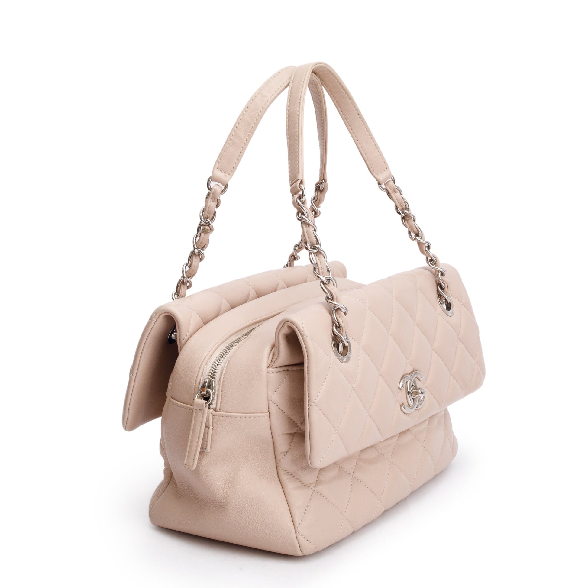 Chanel Quilted Double Sided Flap Zip Leather Lambskin Beige Travel Bag