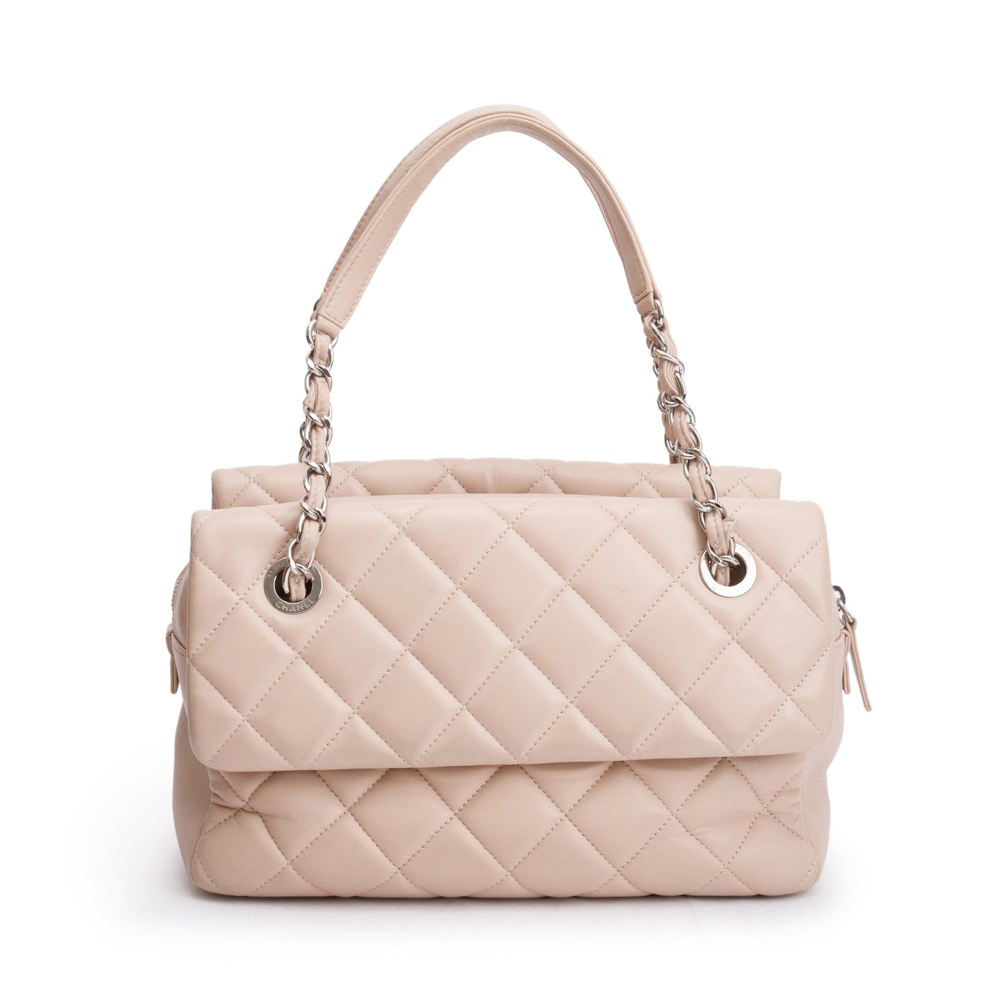 Chanel Quilted Double Sided Flap Zip Leather Lambskin Beige Travel Bag