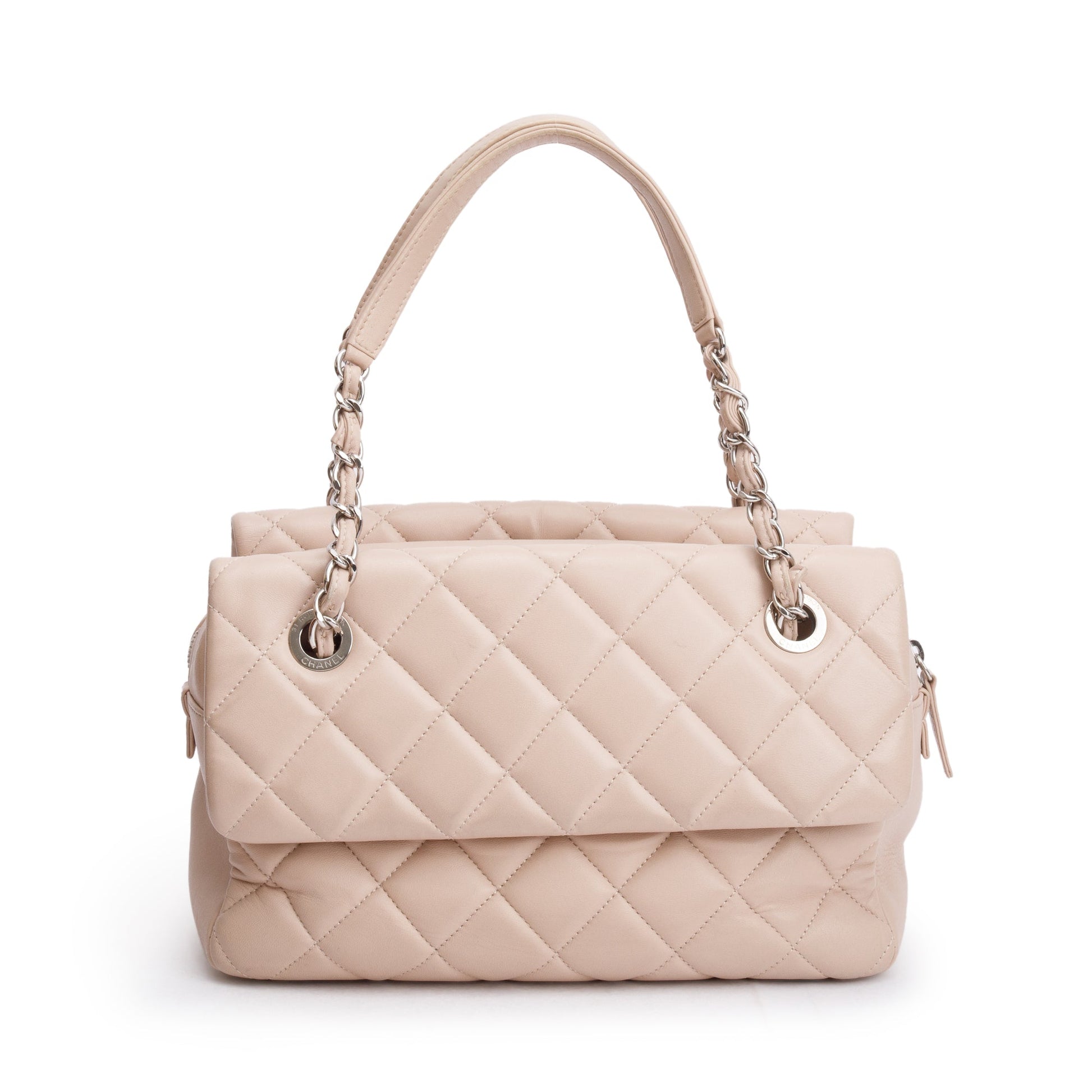 Chanel Quilted Double Sided Flap Zip Leather Lambskin Beige Travel Bag