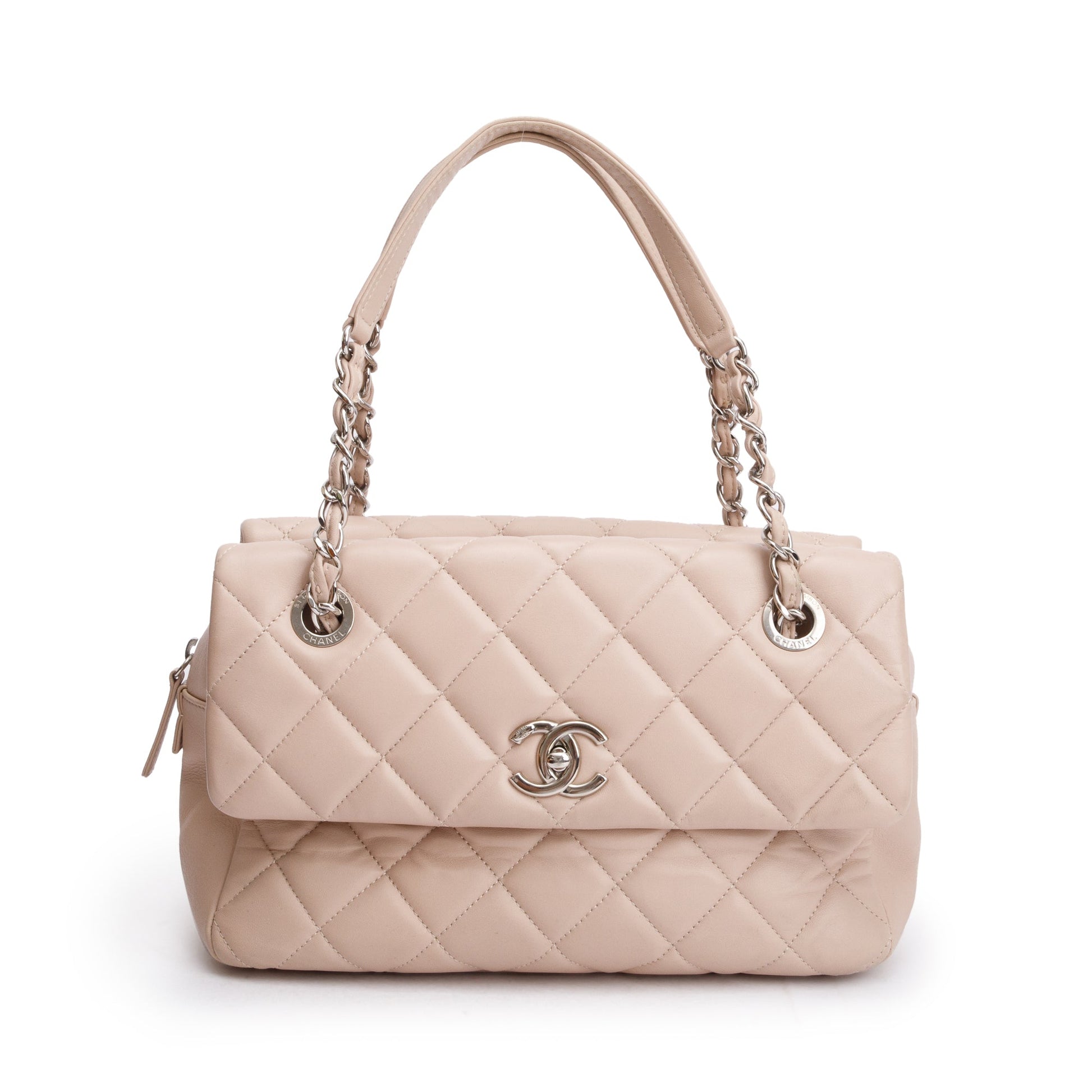 Chanel Quilted Double Sided Flap Zip Leather Lambskin Beige Travel Bag