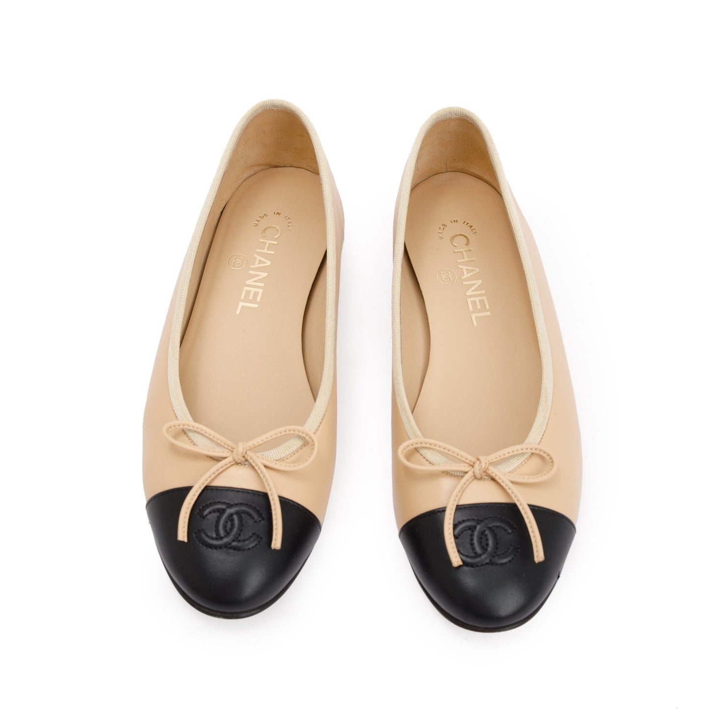 Chanel Interlocking CC Logo Flats Lambskin Black Beige Shoes